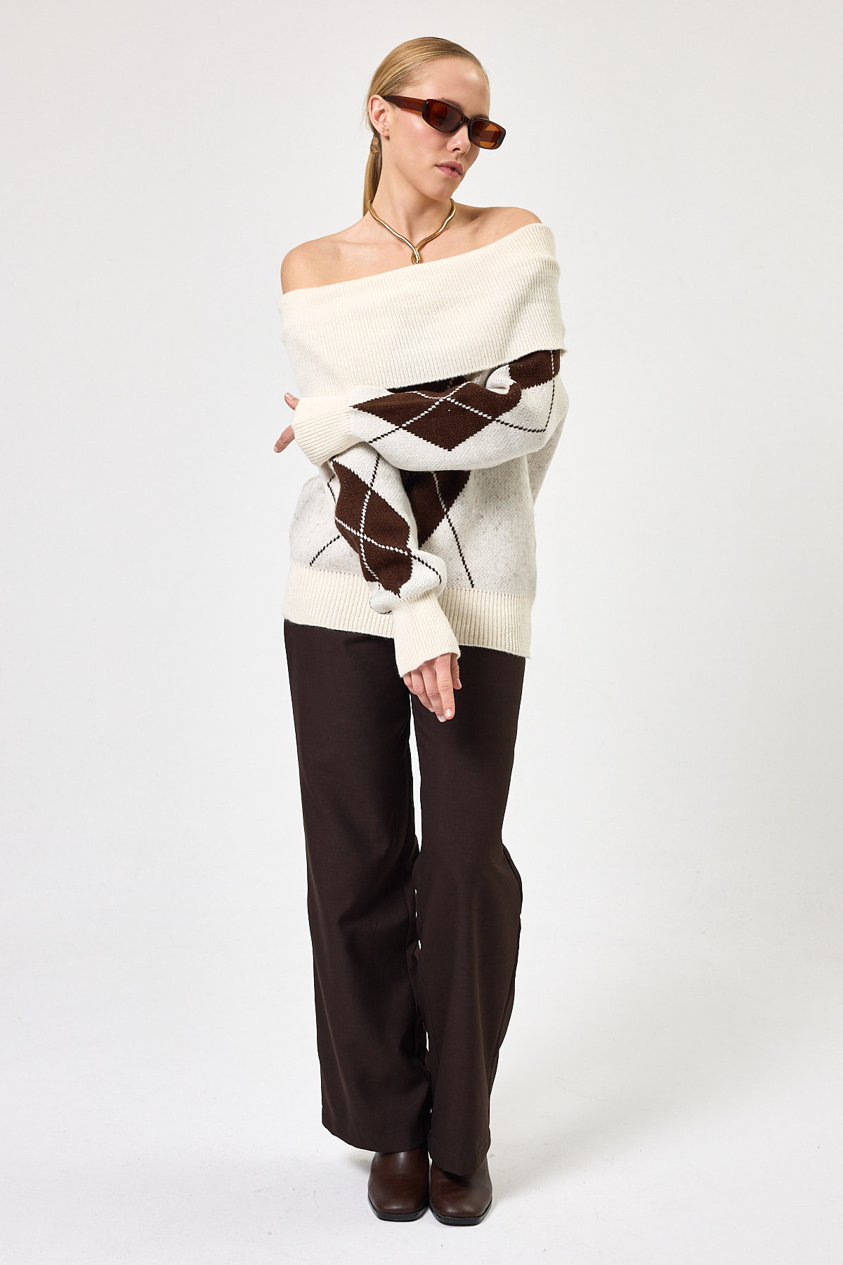 2123 Baklava Desenli Kazak Ekru-Kahve - 8