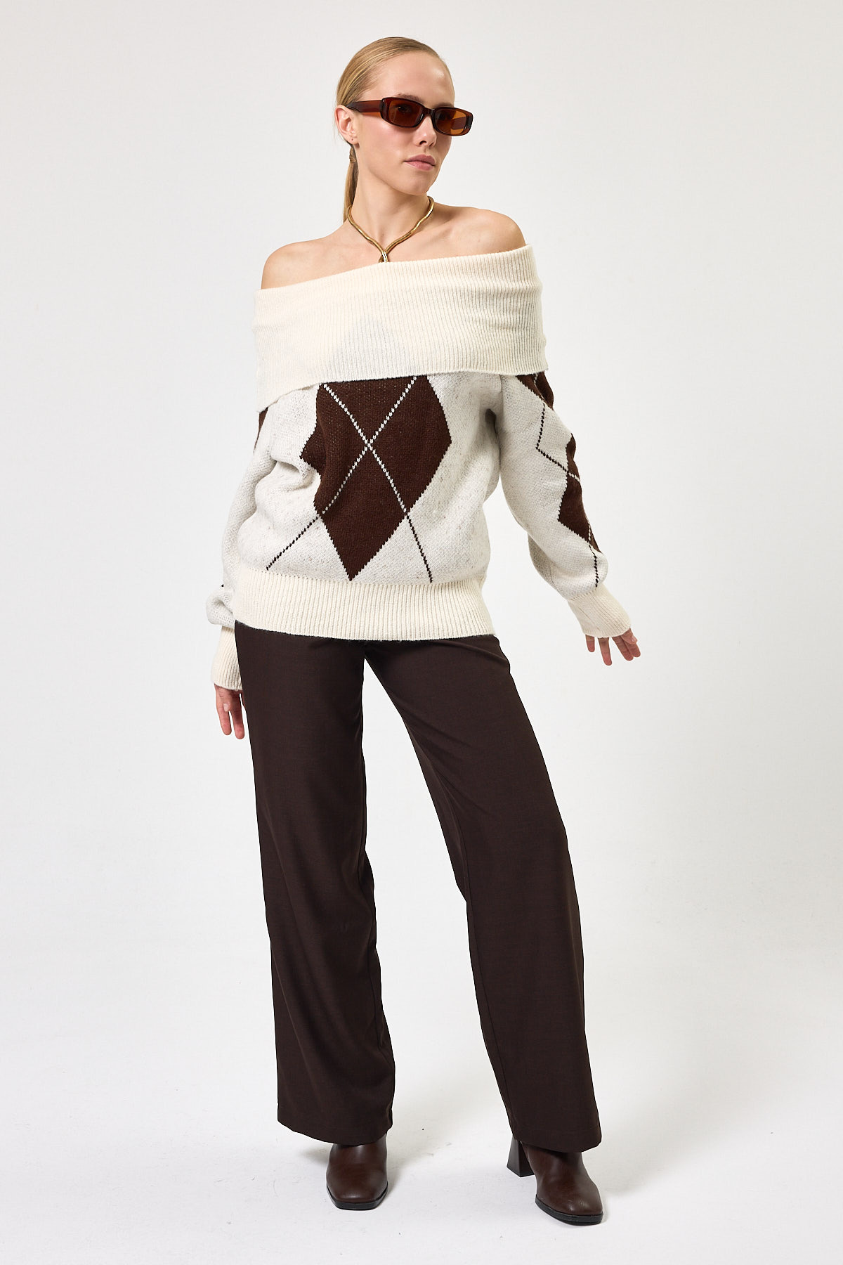 Ekru - Kahverengi Düşük Omuz Desenli Kadın Triko Kazak 2123 - 8