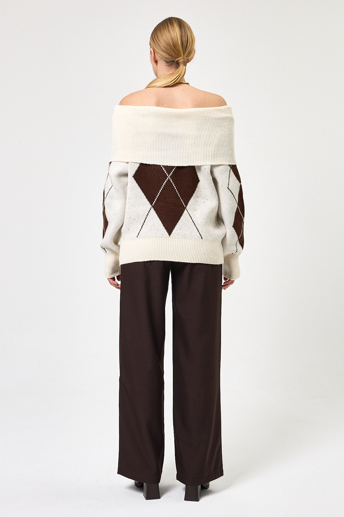 Ekru - Kahverengi Düşük Omuz Desenli Kadın Triko Kazak 2123 - 5