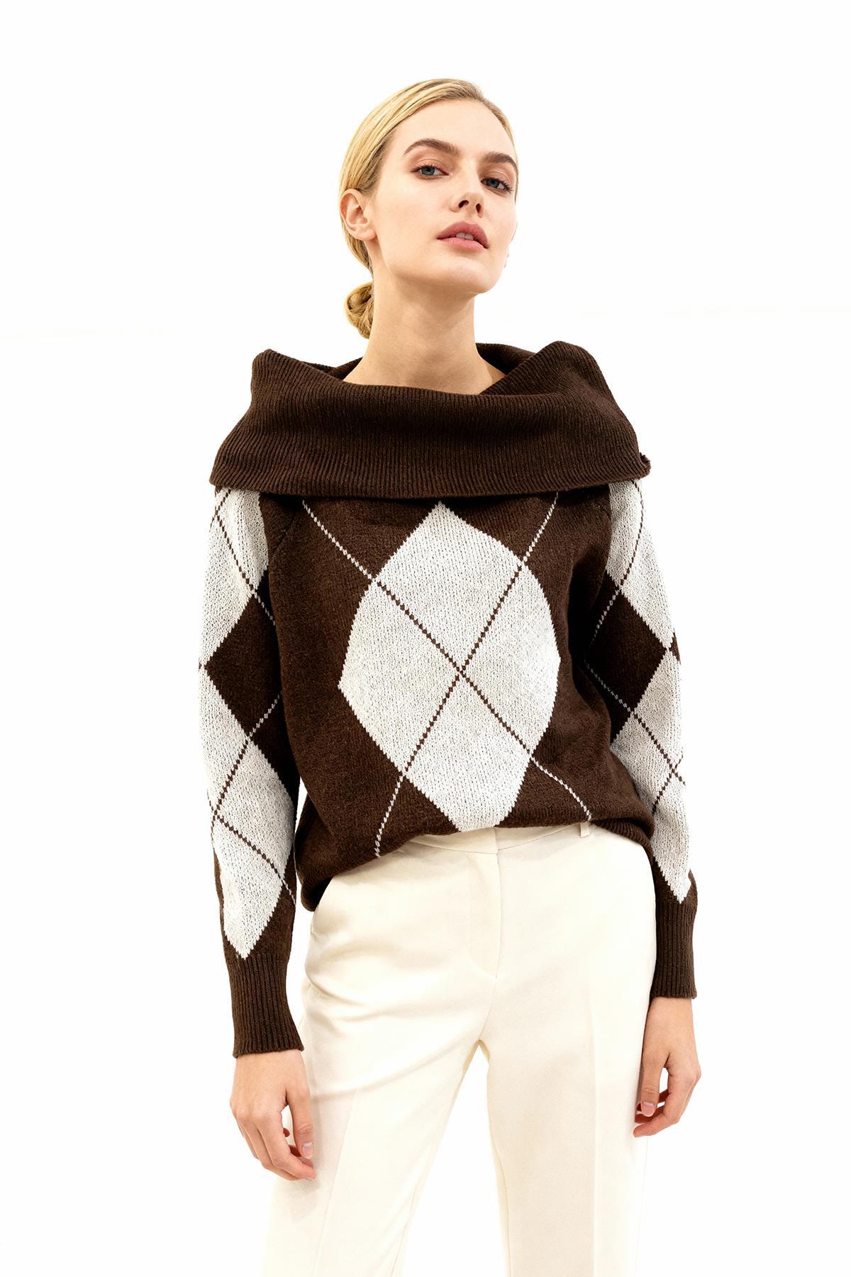 2123 Baklava Desenli Kazak Kahve-Bej - 1