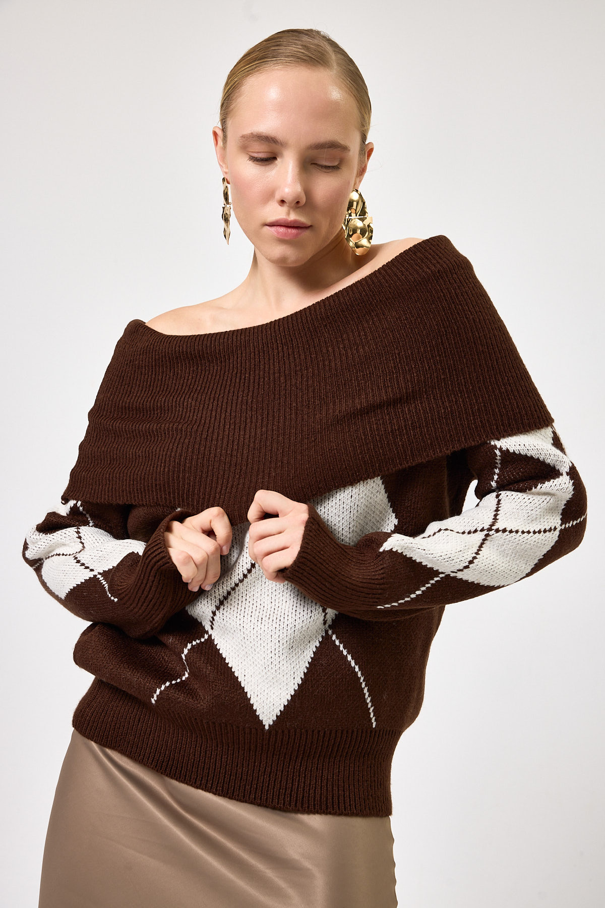 2123 Baklava Desenli Kazak Kahve-Bej - 9