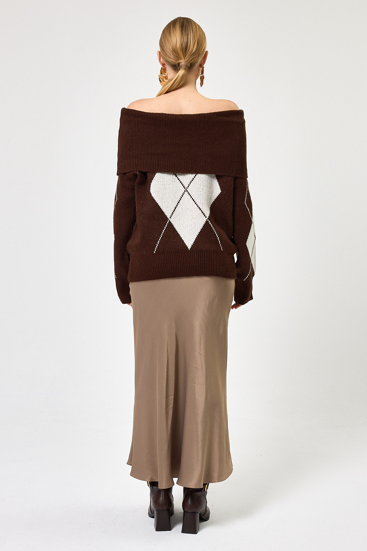 Kahverengi - Bej Düşük Omuz Desenli Kadın Triko Kazak 2123 - 5