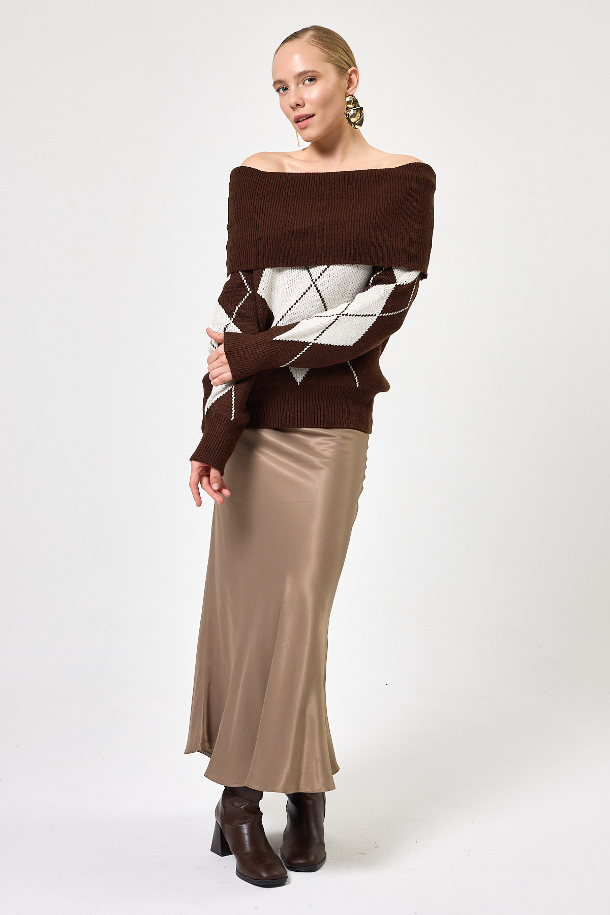 Kahverengi - Bej Düşük Omuz Desenli Kadın Triko Kazak 2123 - 7