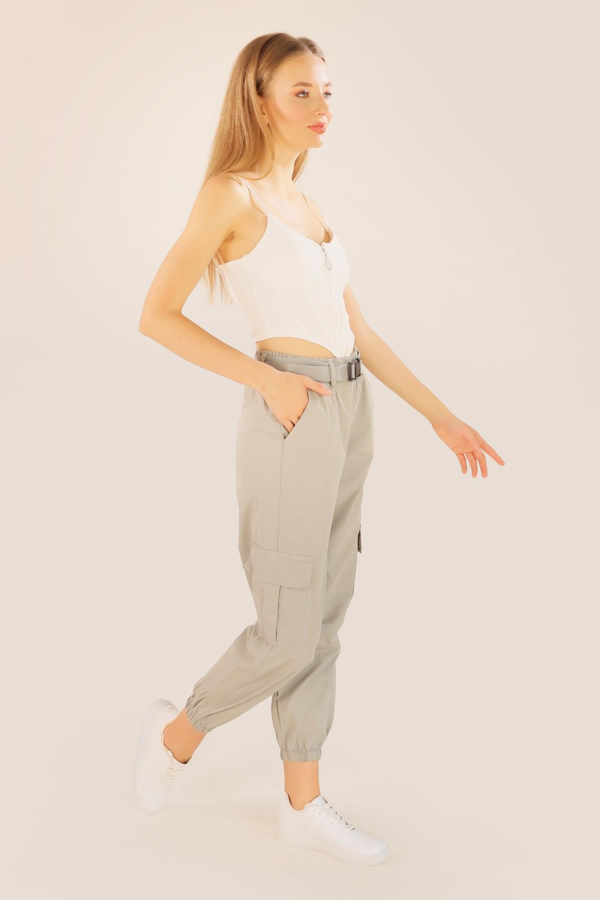 Açık Gri Kemer Detay Paraşüt Pantolon 5031 - 2