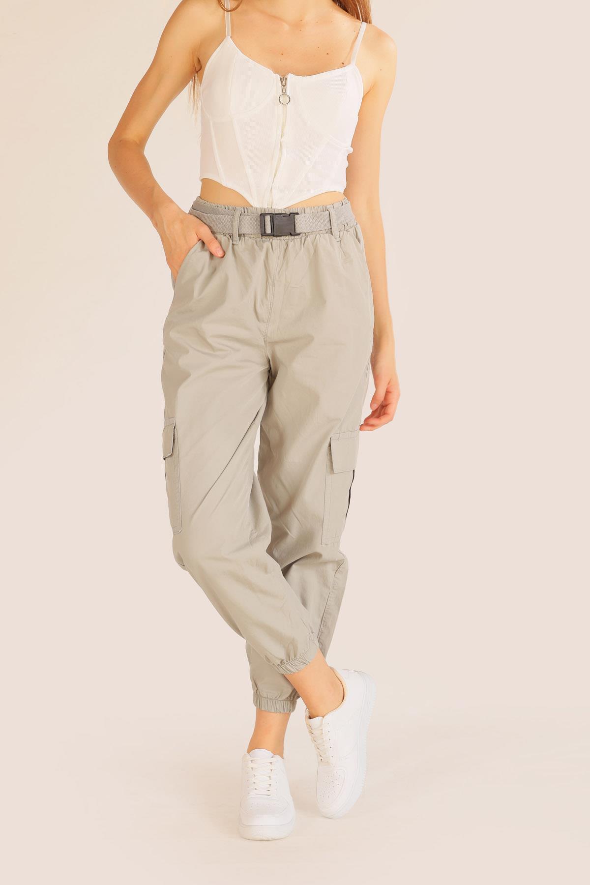 Açık Gri Kemer Detay Paraşüt Pantolon 5031 - 3