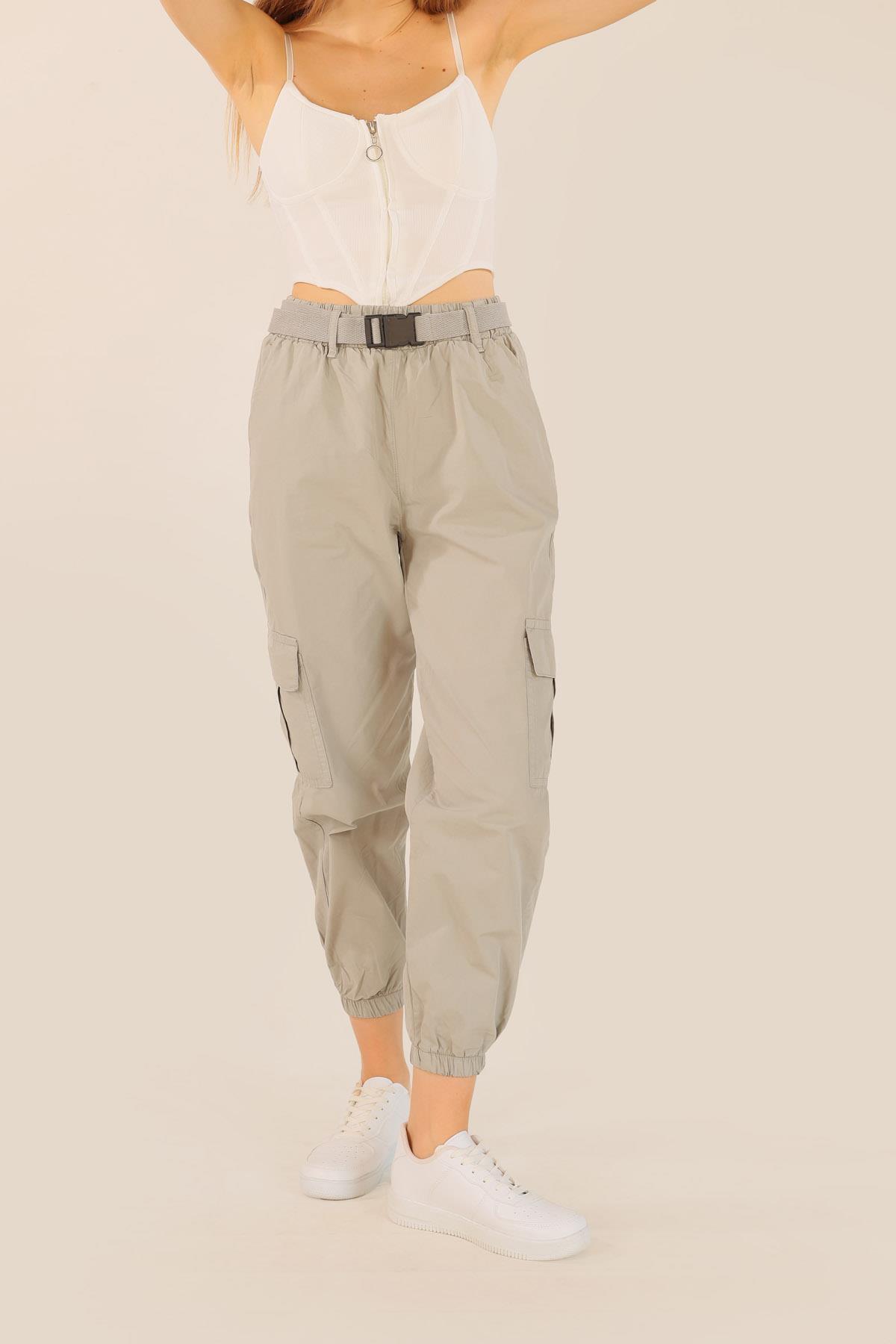 Açık Gri Kemer Detay Paraşüt Pantolon 5031 - 4
