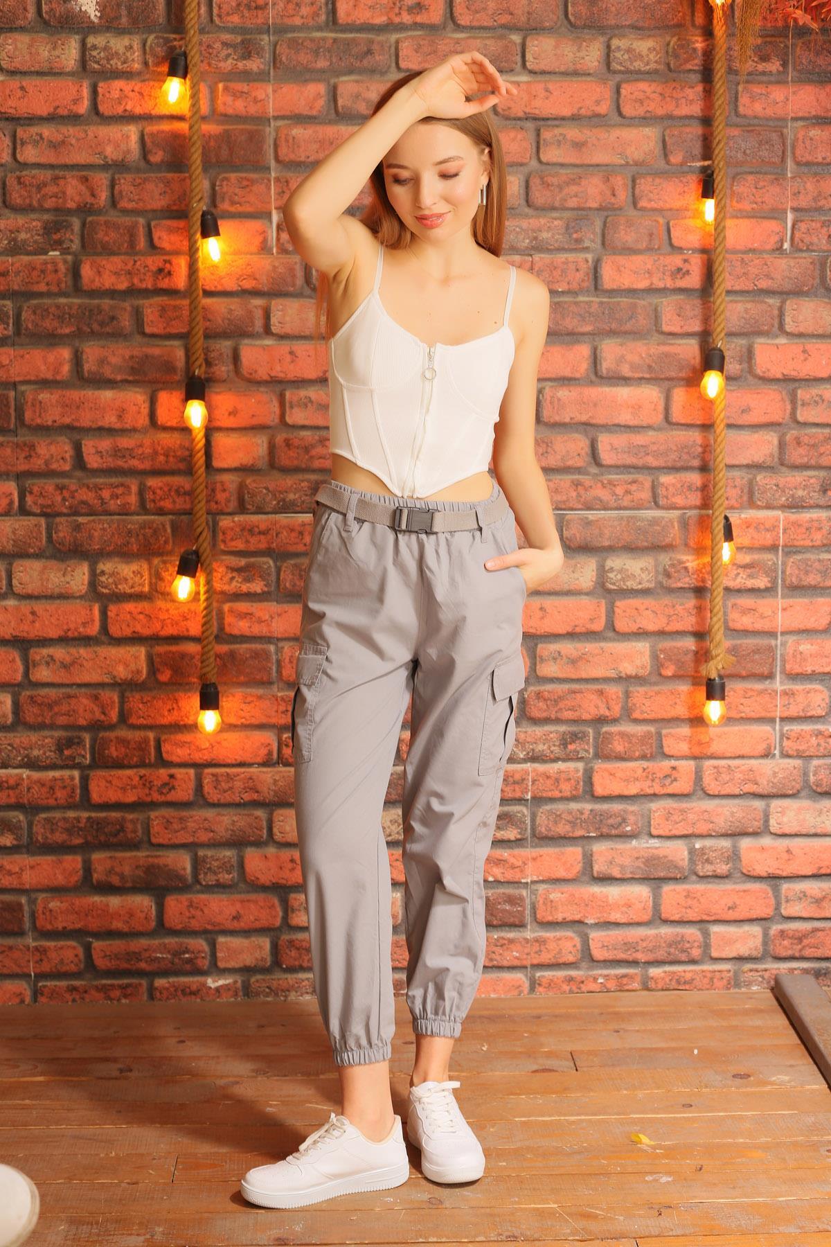 5031 Kemer Detay Paraşüt Pantolon Gri - 2