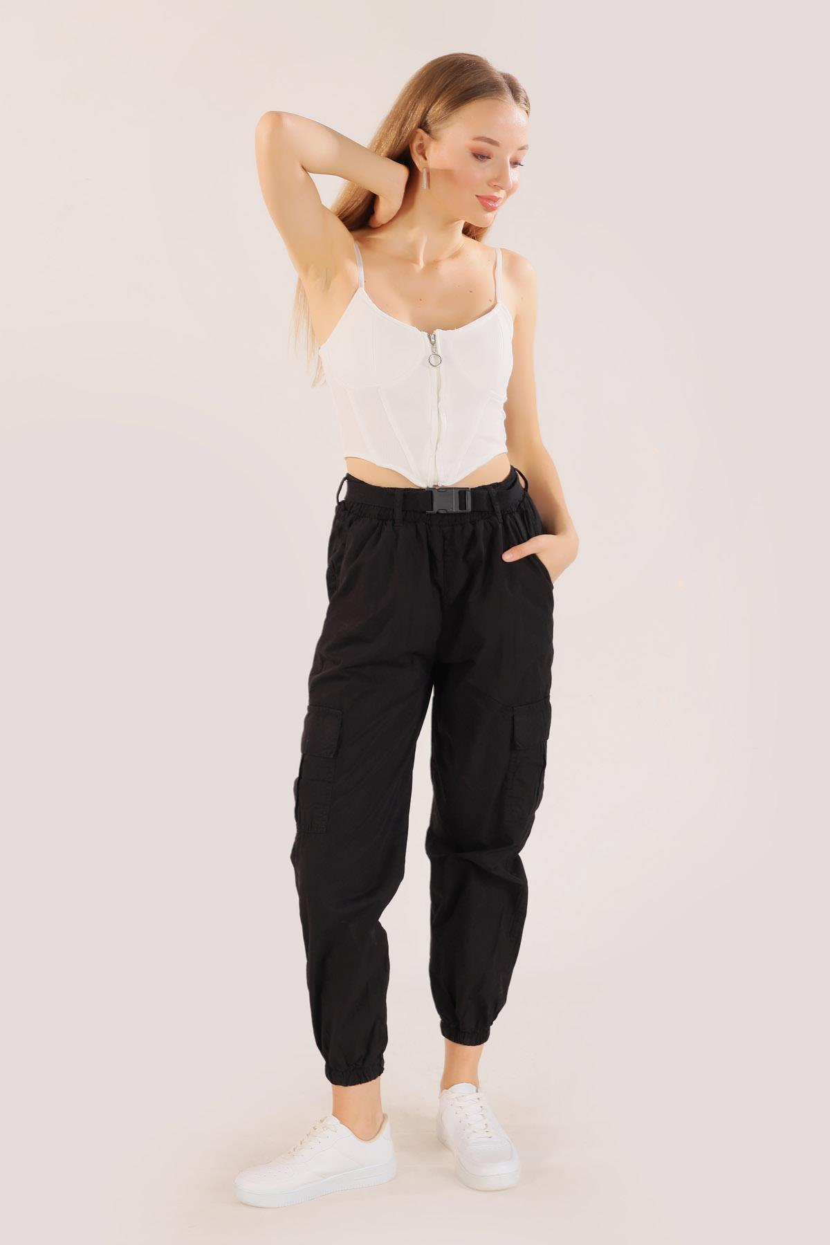 5031 Kemer Detay Paraşüt Pantolon Siyah - 2