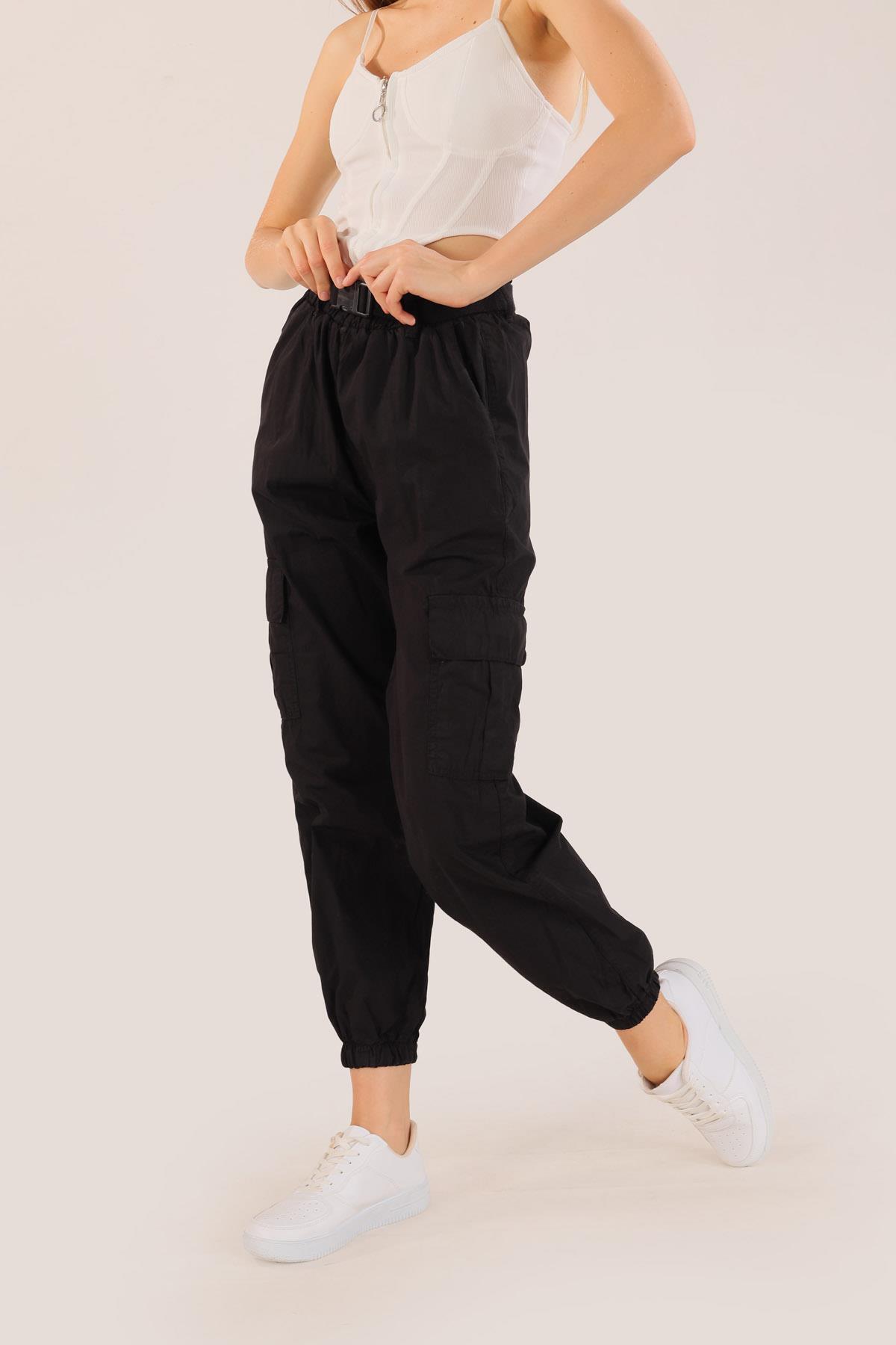 5031 Kemer Detay Paraşüt Pantolon Siyah - 3