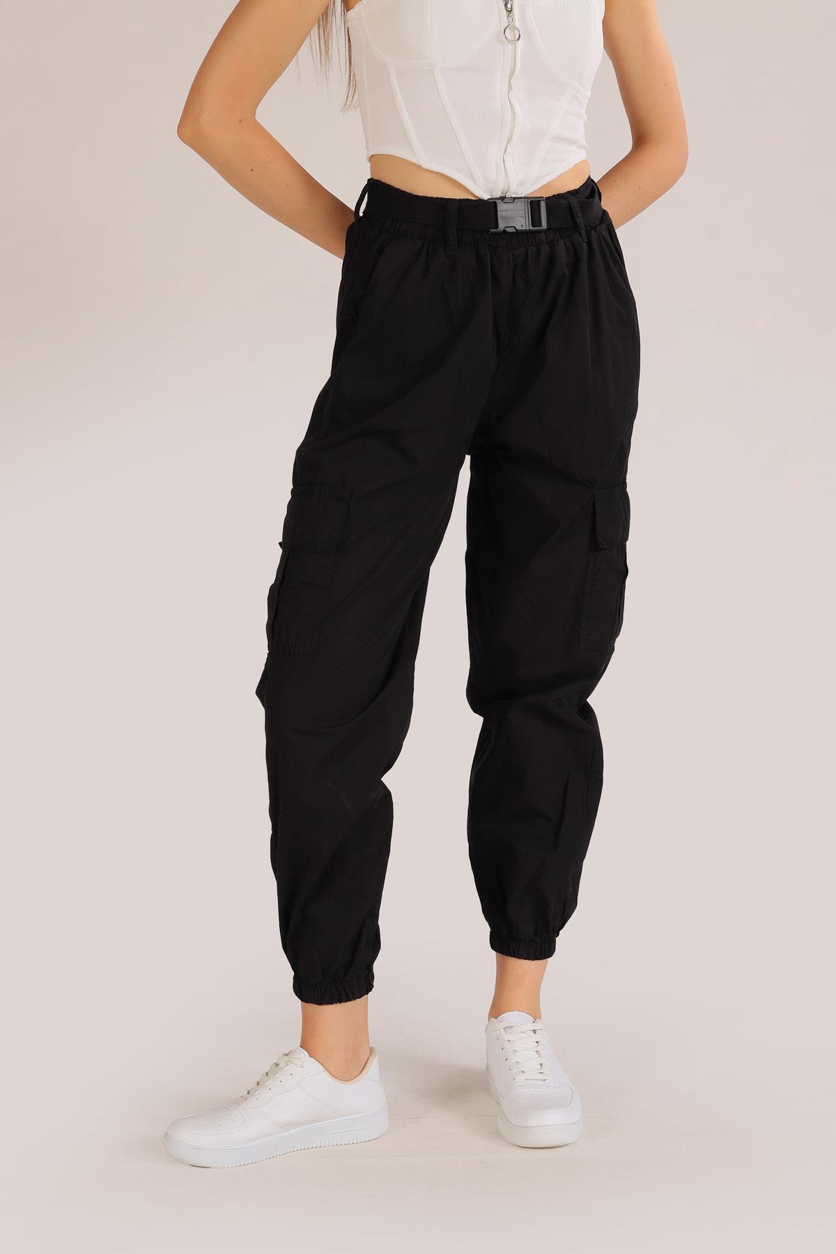 5031 Kemer Detay Paraşüt Pantolon Siyah - 4