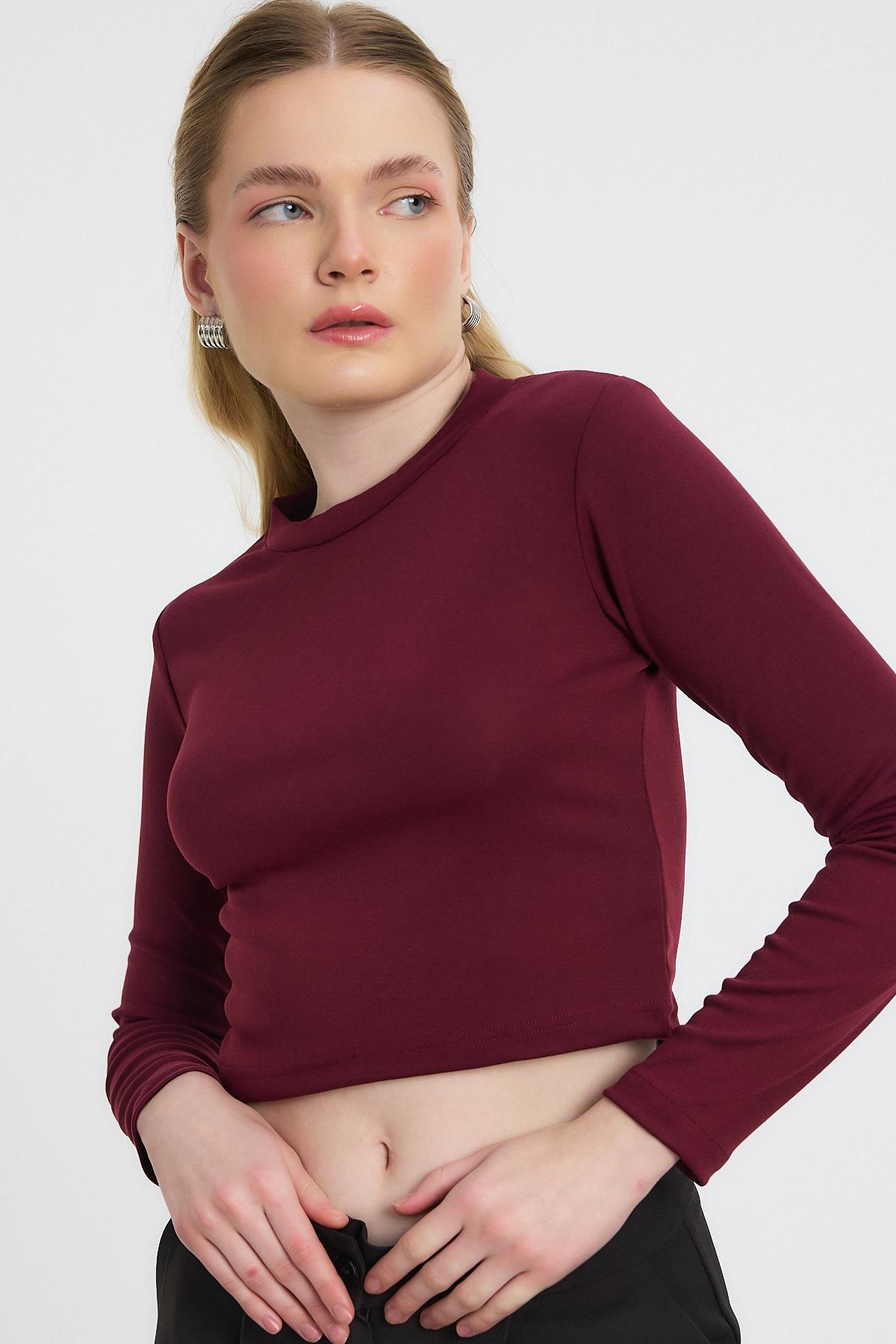 2132 Bisiklet Yaka Bluz Bordo - 3
