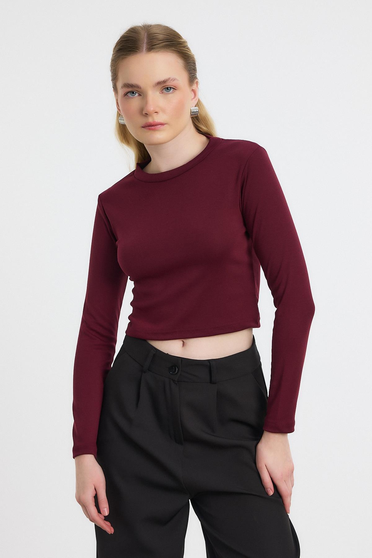 2132 Bisiklet Yaka Bluz Bordo - 1