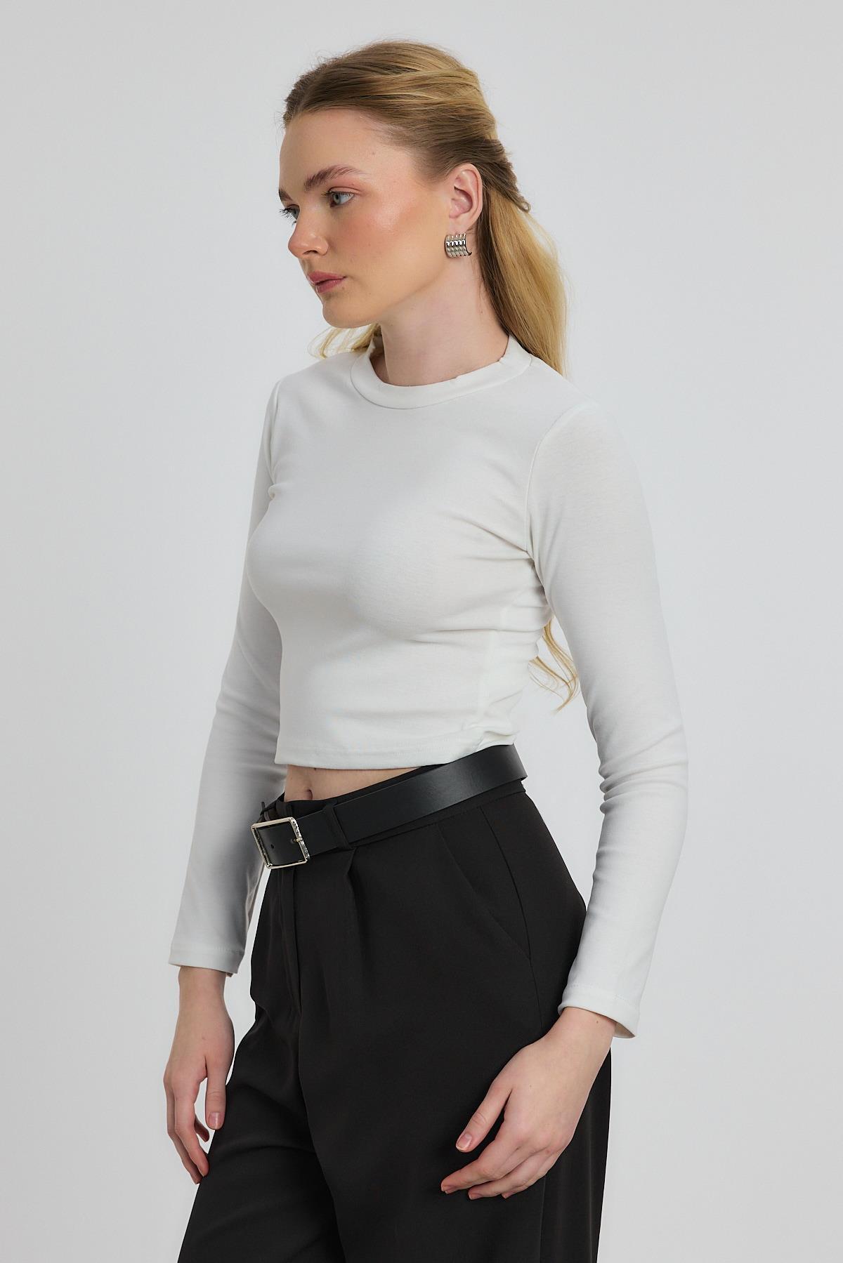 2132 Bisiklet Yaka Bluz Ekru - 7