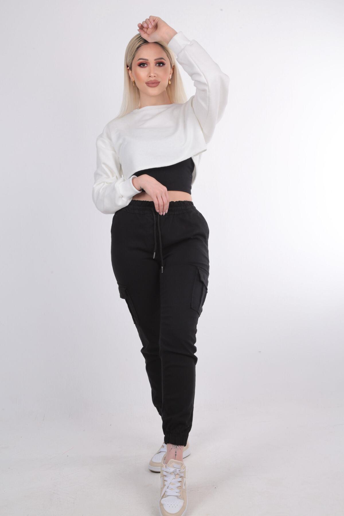 2133 Paça Lastik Kargo Pantolon Siyah - 1