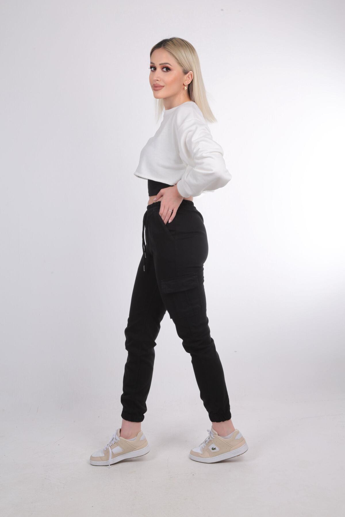 Siyah Paça Lastik Kargo Pantolon 2133 - 2