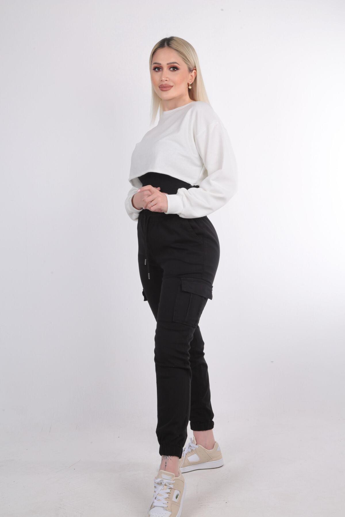 Siyah Paça Lastik Kargo Pantolon 2133 - 4