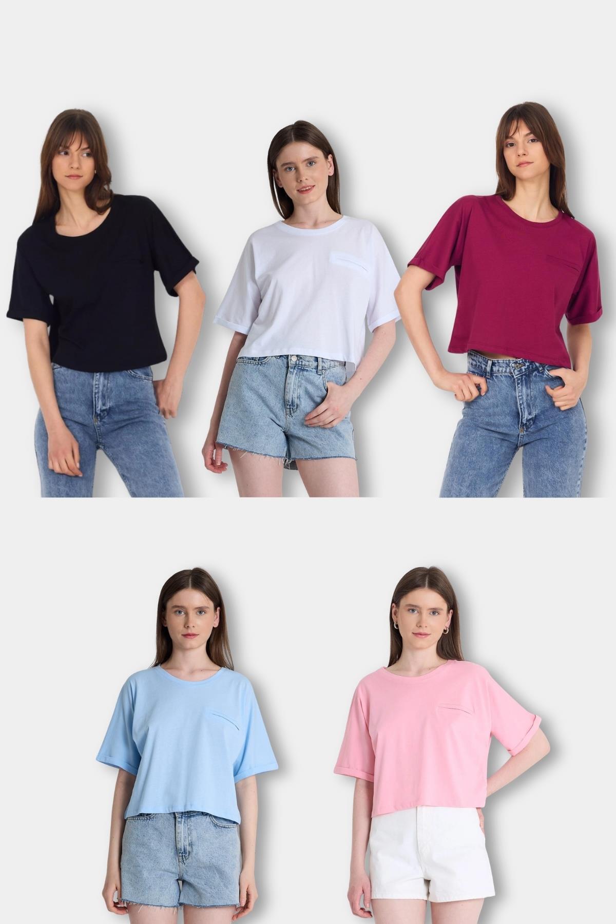 2136M Sahte Cep Bisiklet Yaka Tişört 5'li(Siyah-Beyaz-Mavi-Bordo-Pembe) - 1