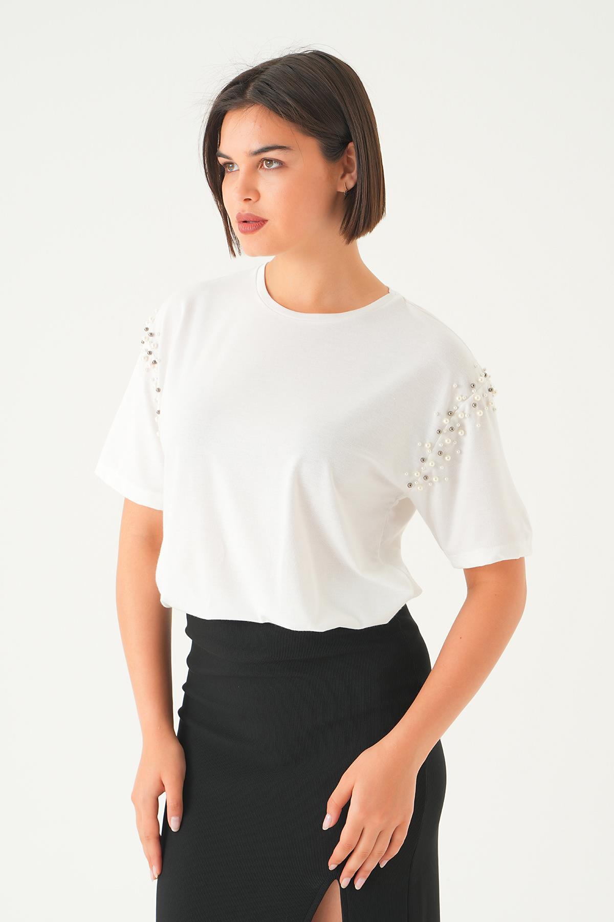 21430 Kol İncili Tişört Beyaz - 2