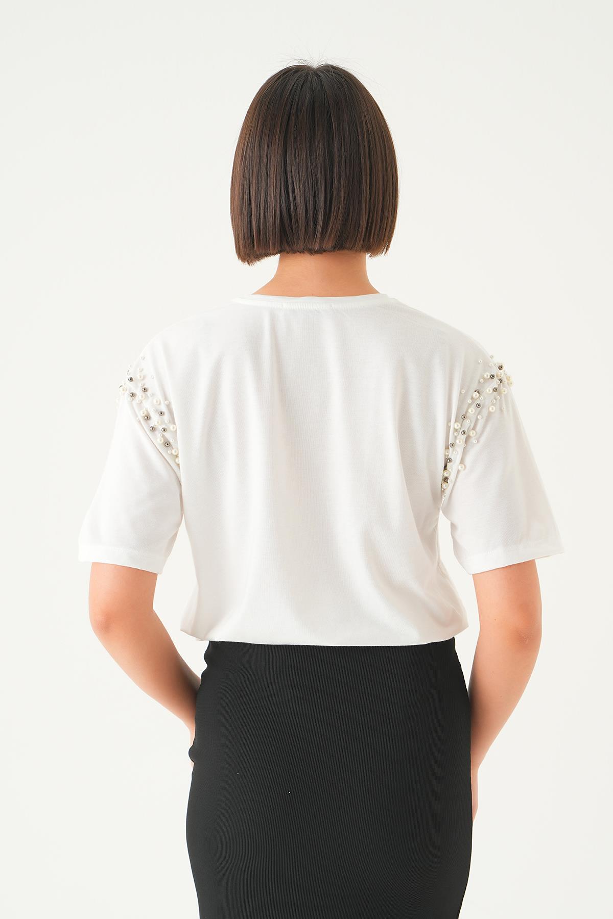 21430 Kol İncili Tişört Beyaz - 4