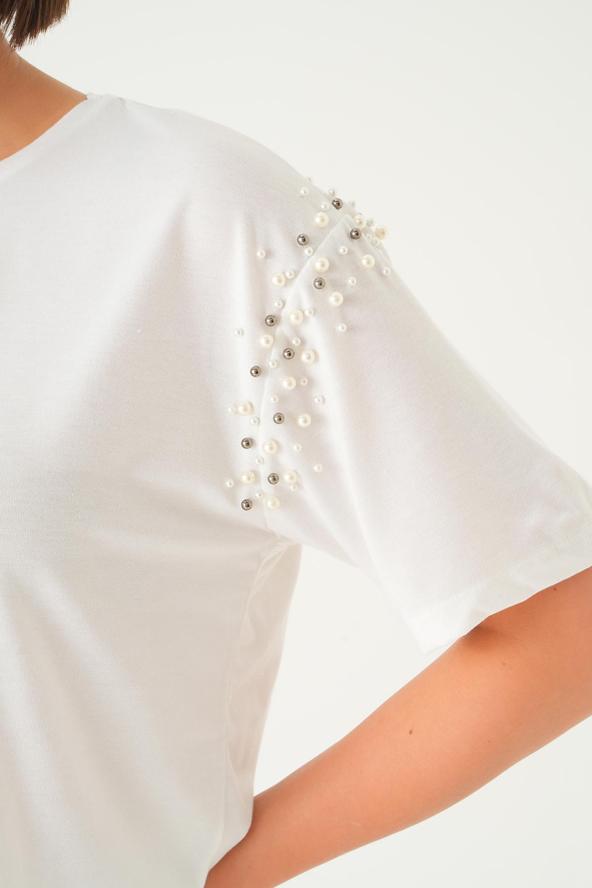 21430 Kol İncili Tişört Beyaz - 5
