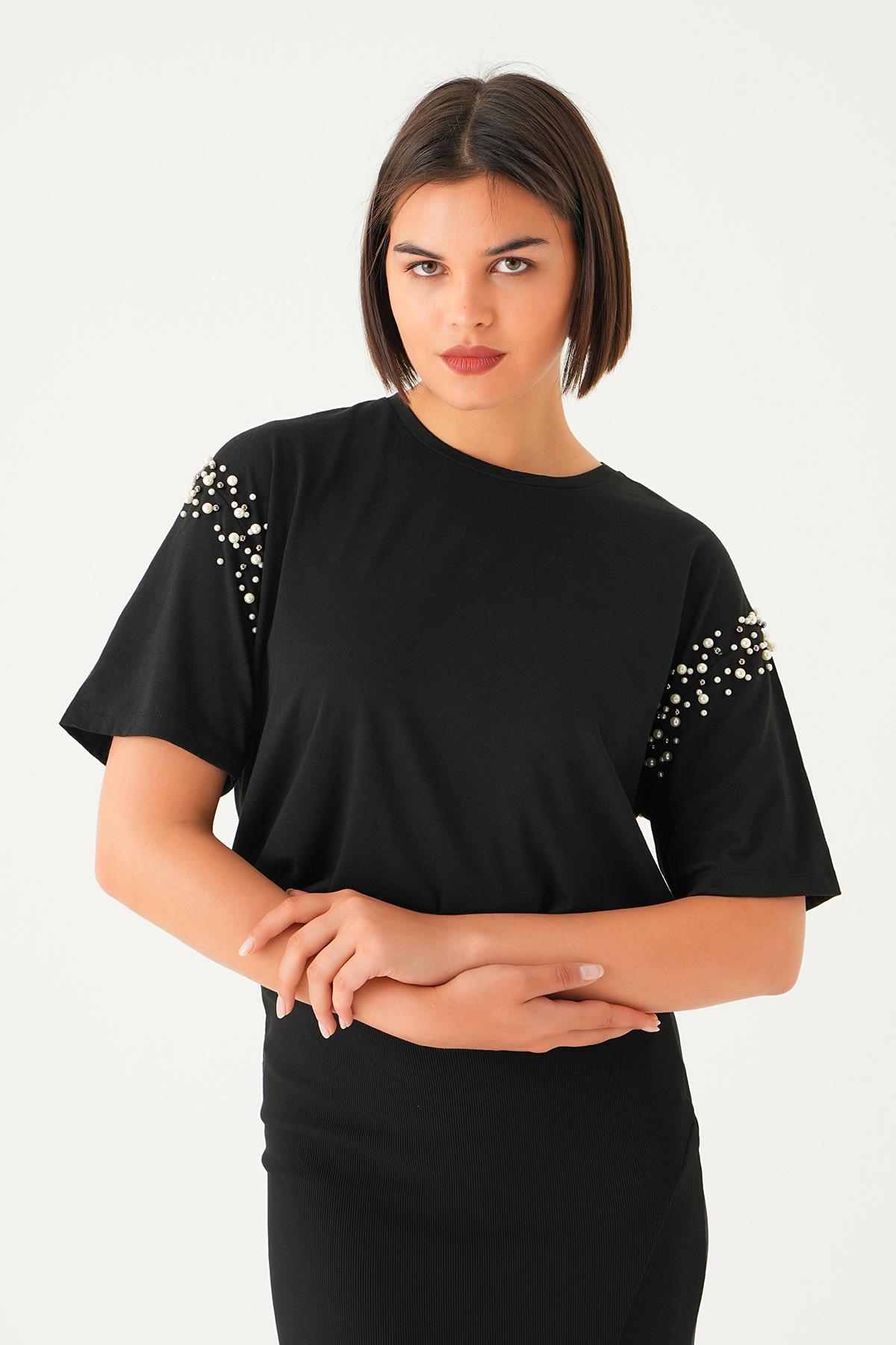 21430 Kol İncili Tişört Siyah - 1