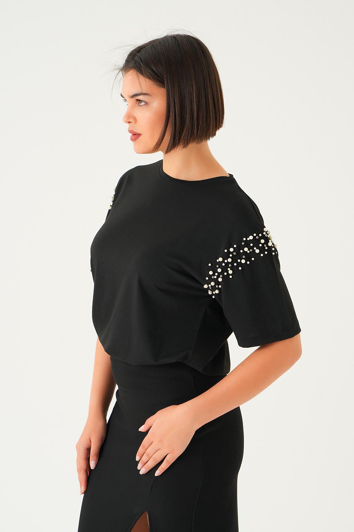 21430 Kol İncili Tişört Siyah - 2