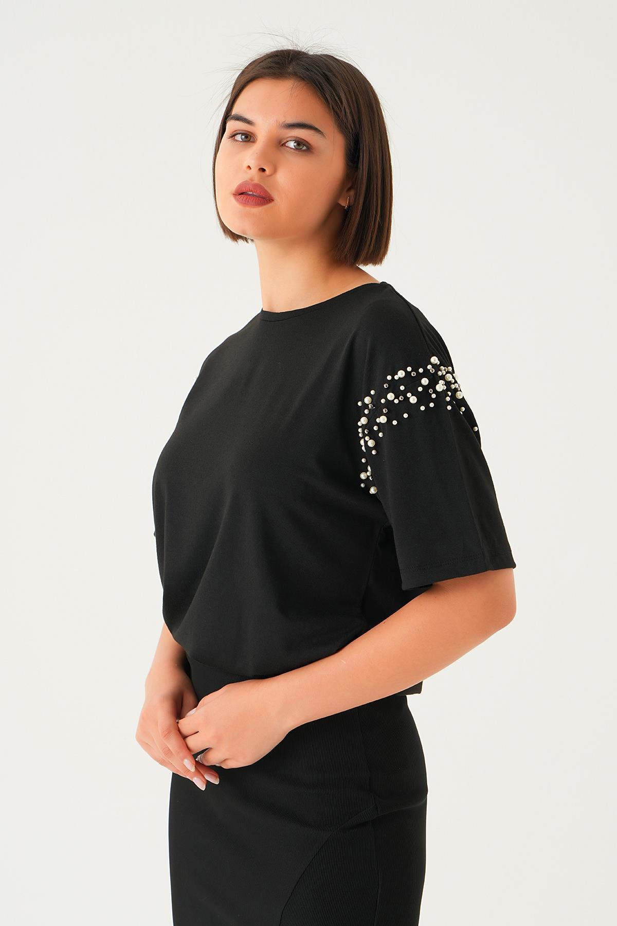 Siyah Kol İncili Tişört 21430 - 3