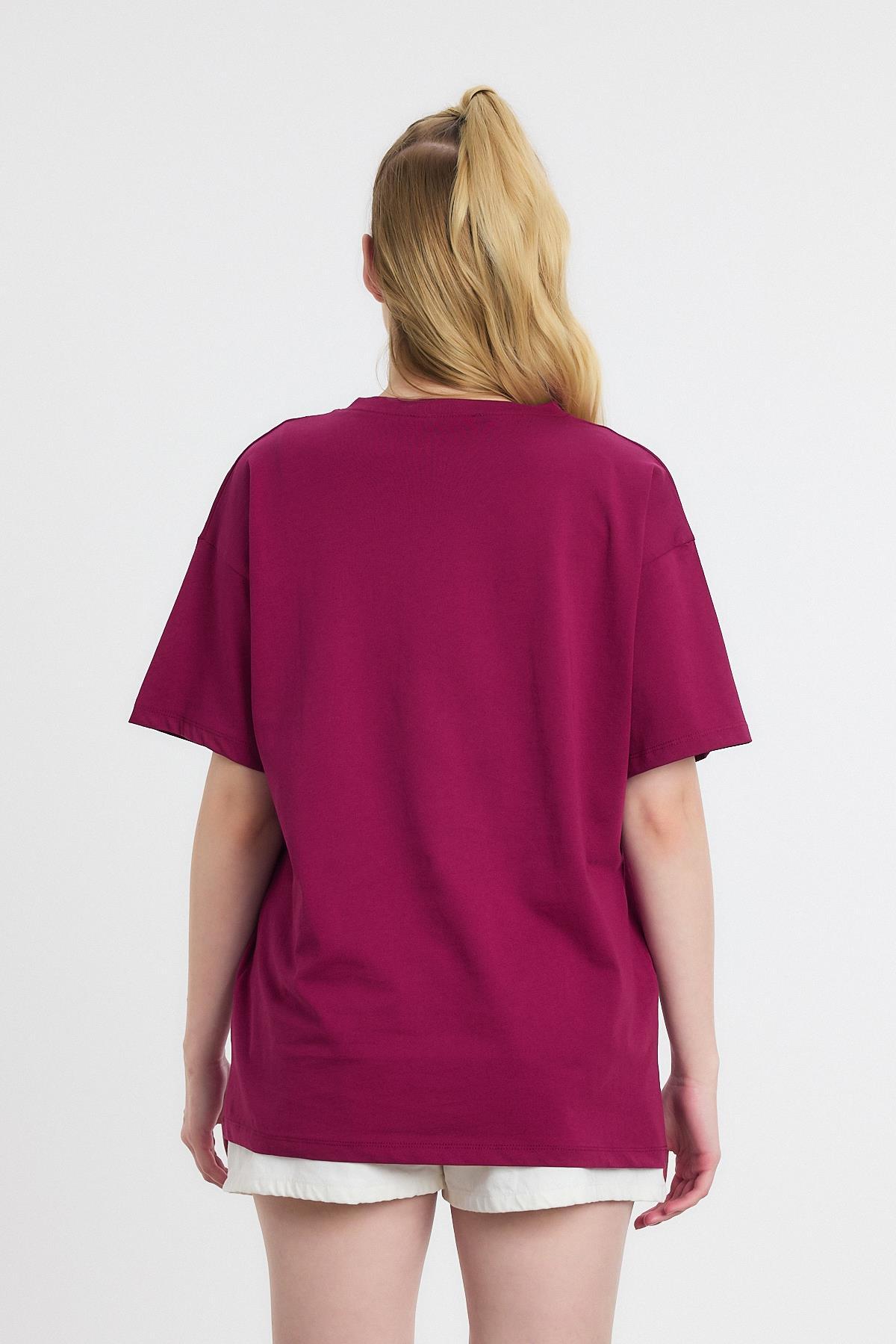 2150-11 Kalp Nakışlı Bisiklet Yaka Tişört Bordo - 5