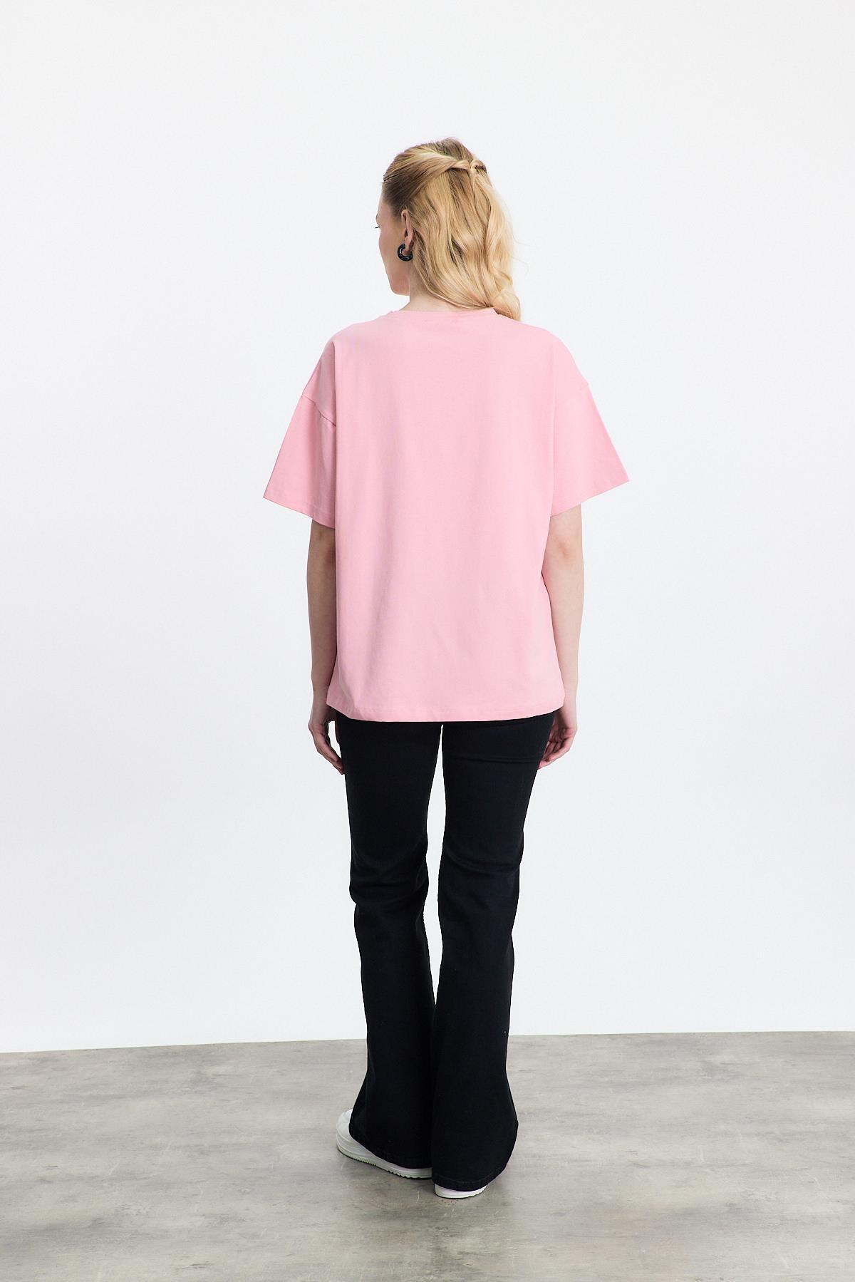 Kalp Nakışlı Bisiklet Yaka Tişört 2150-11M Pembe - 5
