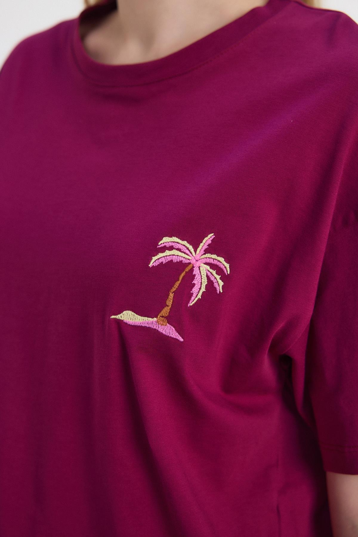 Bordo Bisiklet Yaka Nakışlı Tişört 2150-16M - 4