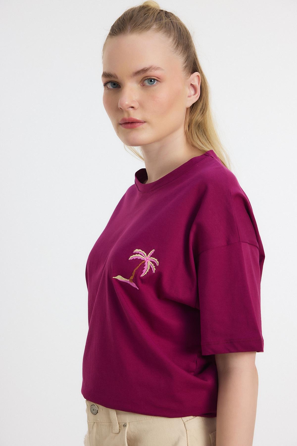 Bordo Bisiklet Yaka Nakışlı Tişört 2150-16M - 7