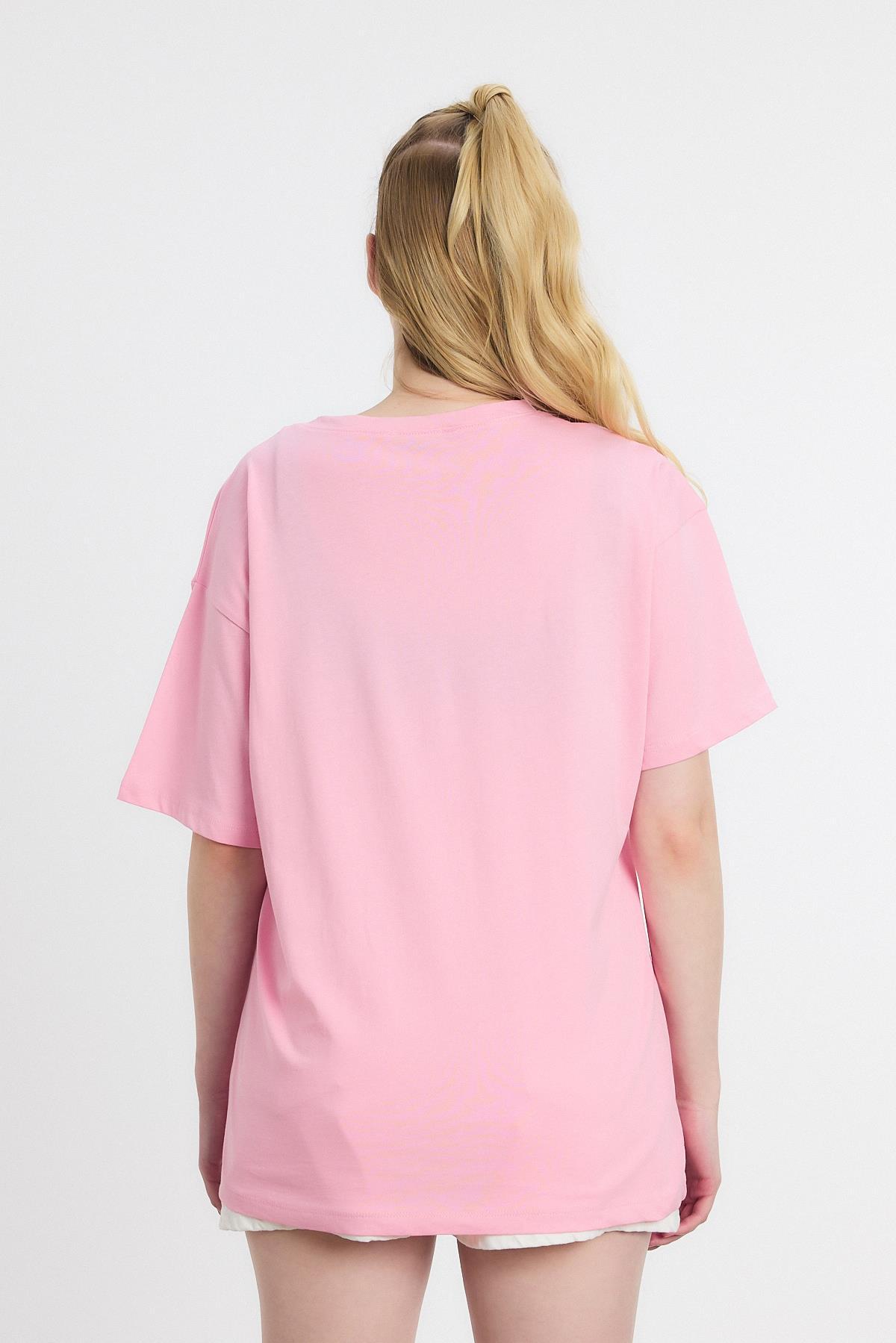 Bisiklet Yaka Nakışlı Tişört 2150-16M Pembe - 5