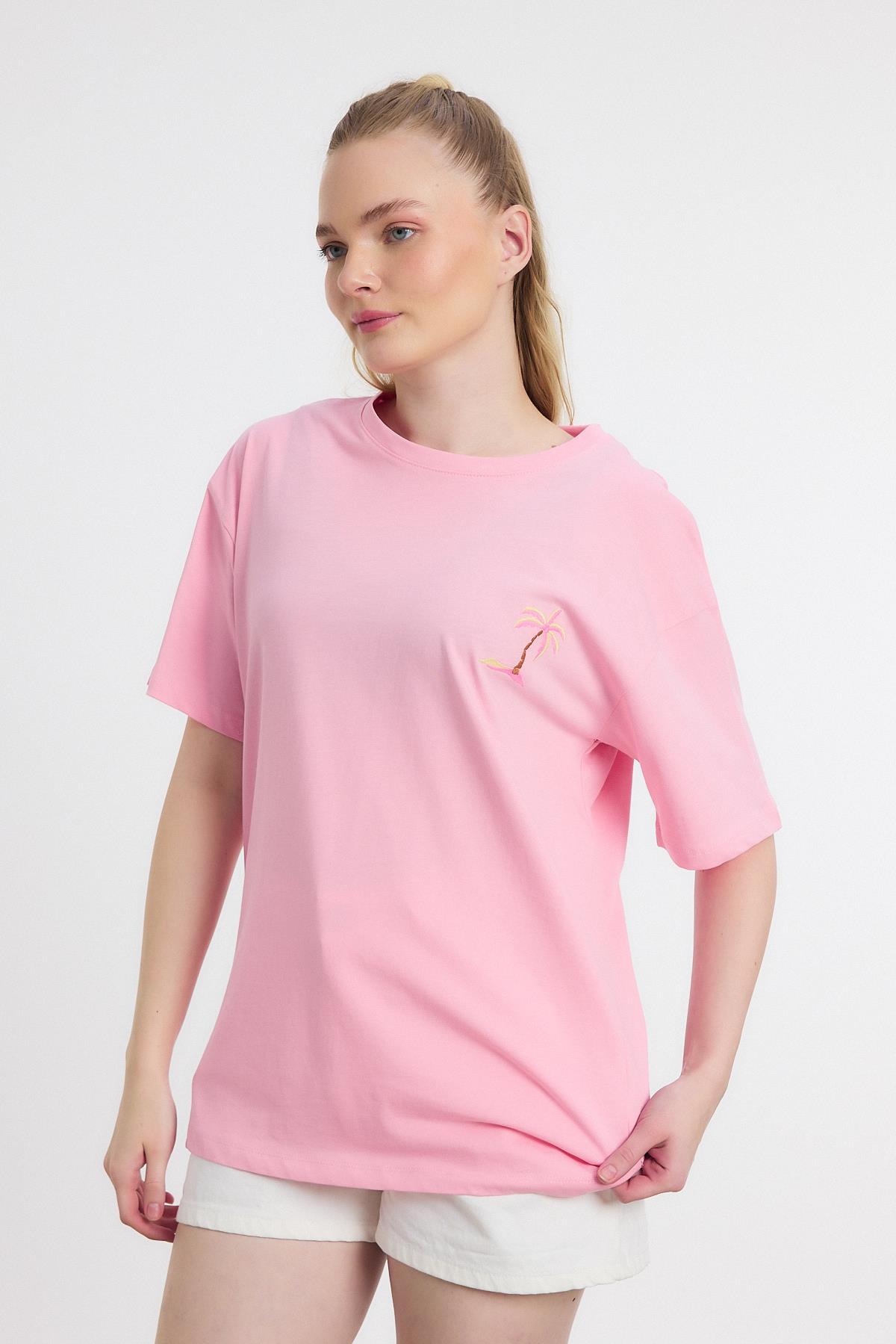Bisiklet Yaka Nakışlı Tişört 2150-16M Pembe - 6
