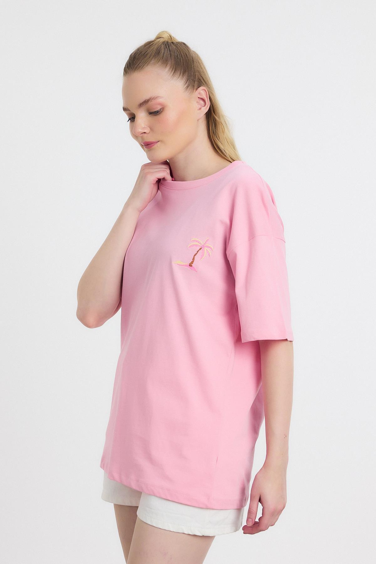 Bisiklet Yaka Nakışlı Tişört 2150-16M Pembe - 7