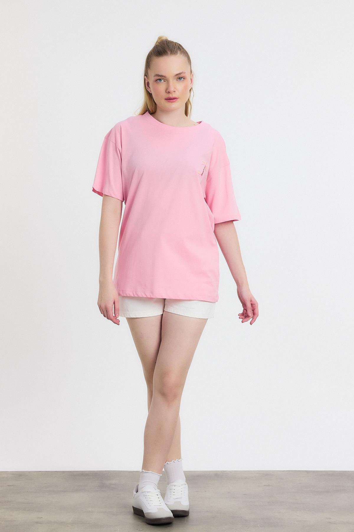 2150-16 Bisiklet Yaka Nakışlı Tişört Pembe - 8