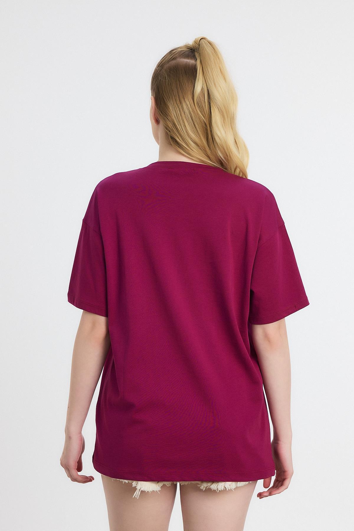 2150-21 Çiçek Nakışlı Tişört Bordo - 5