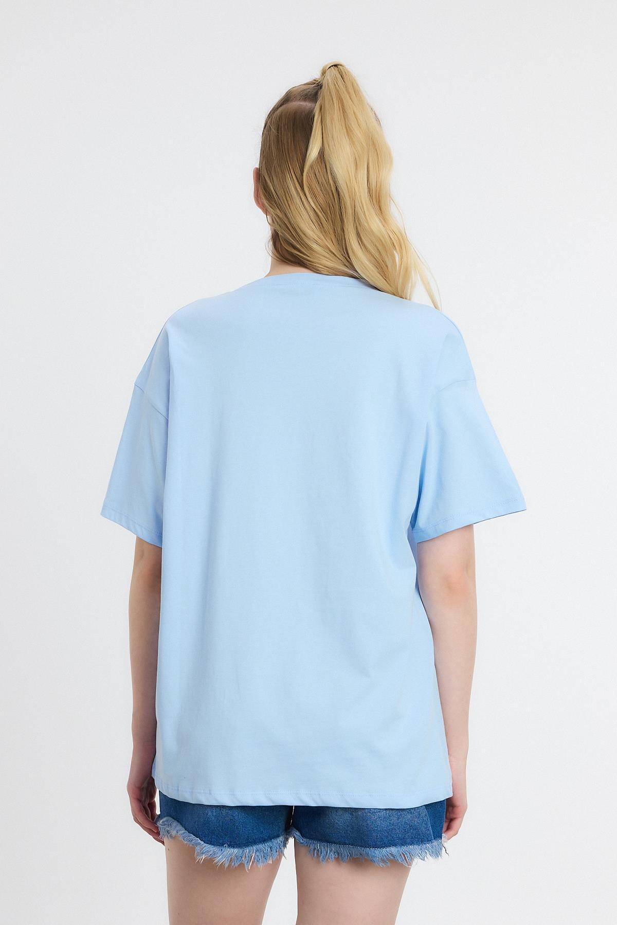 Mavi Çiçek Nakışlı Tişört 2150-21M - 5