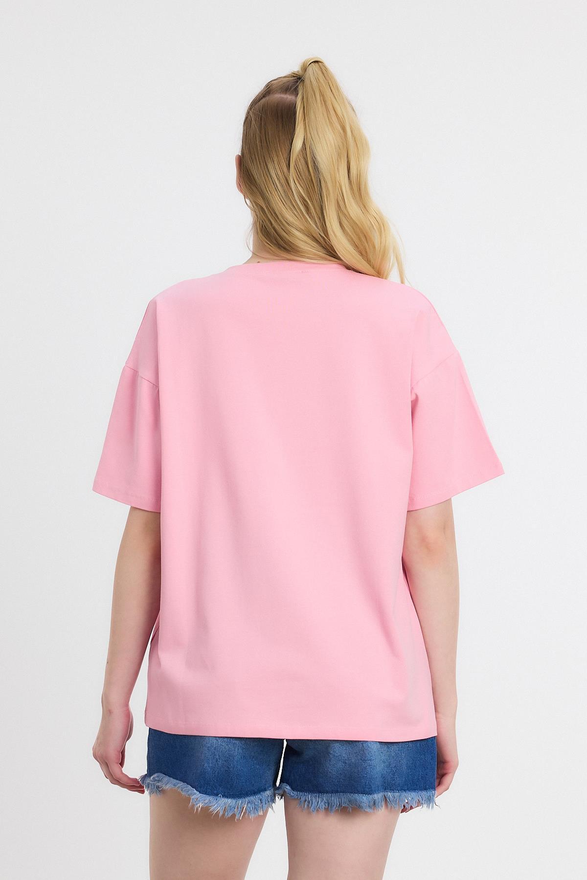 Pembe Çiçek Nakışlı Tişört 2150-21M - 5