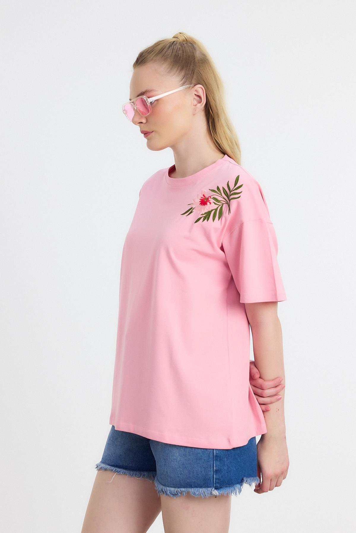 Pembe Çiçek Nakışlı Tişört 2150-21M - 6