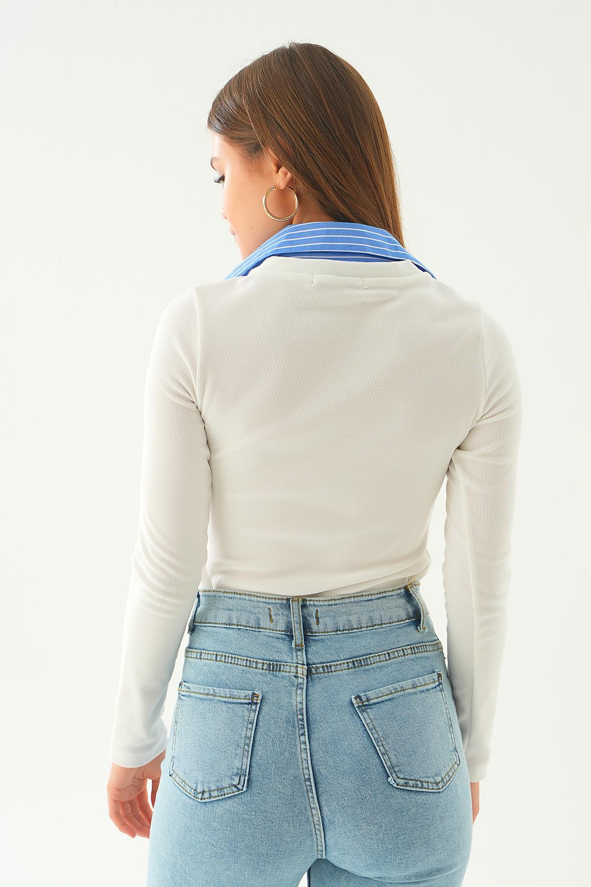 21518 Gömlek Yaka Bluz Açık Mavi - 4