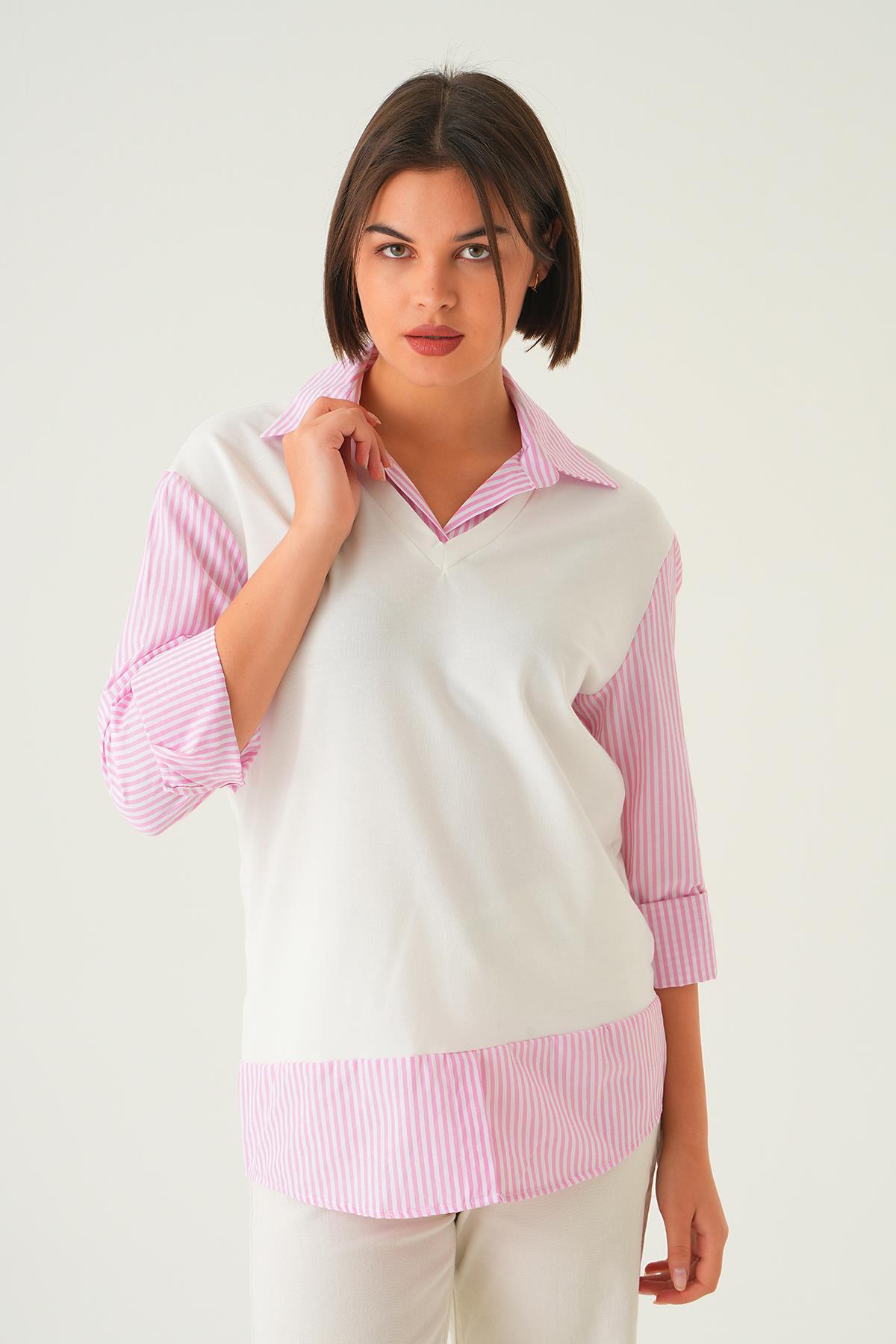 Pembe Gömlek Detay Bluz 21521 - 2