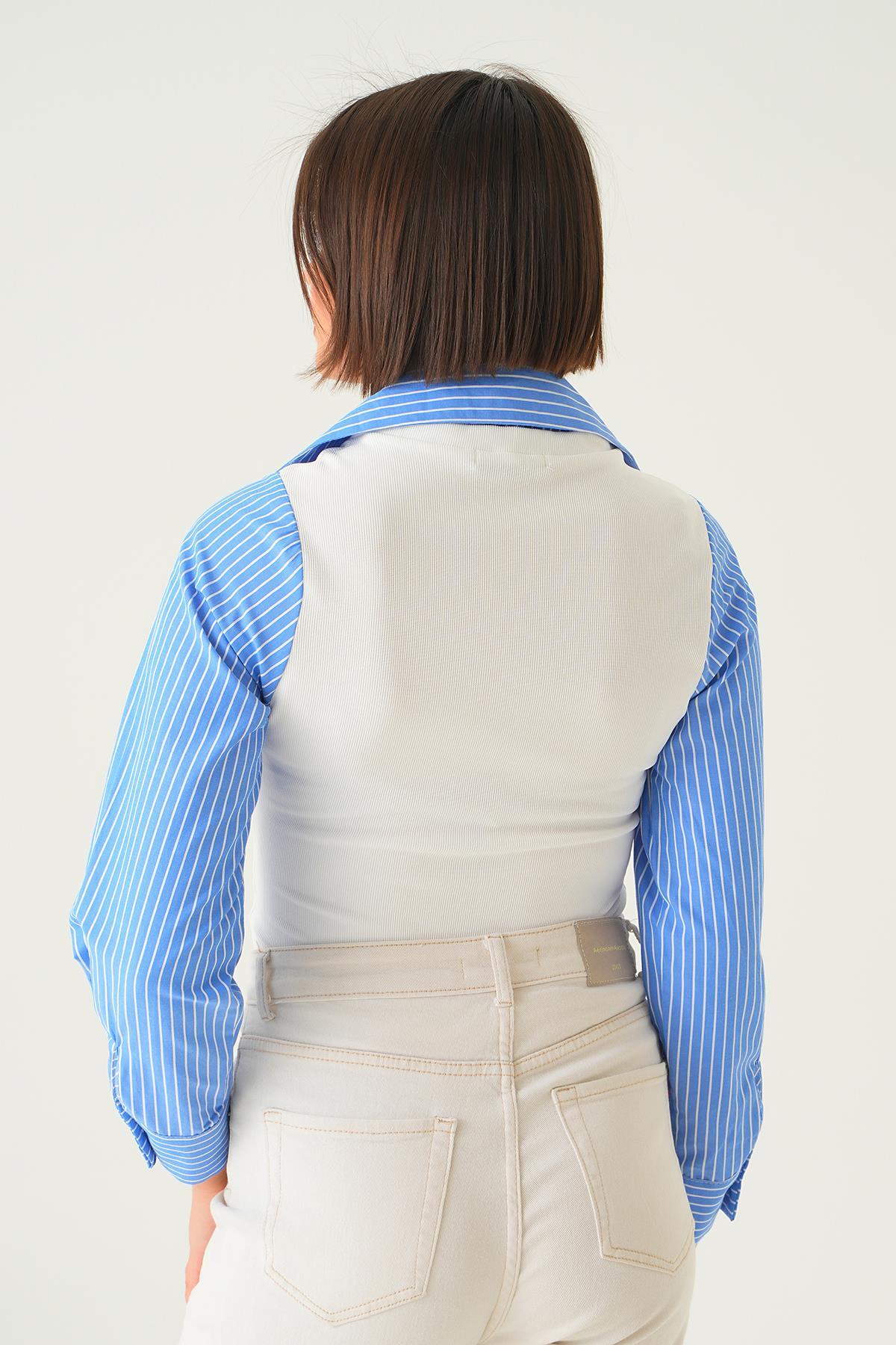 21522 Çizgili Gömlek Detay Bluz Mavi - 5