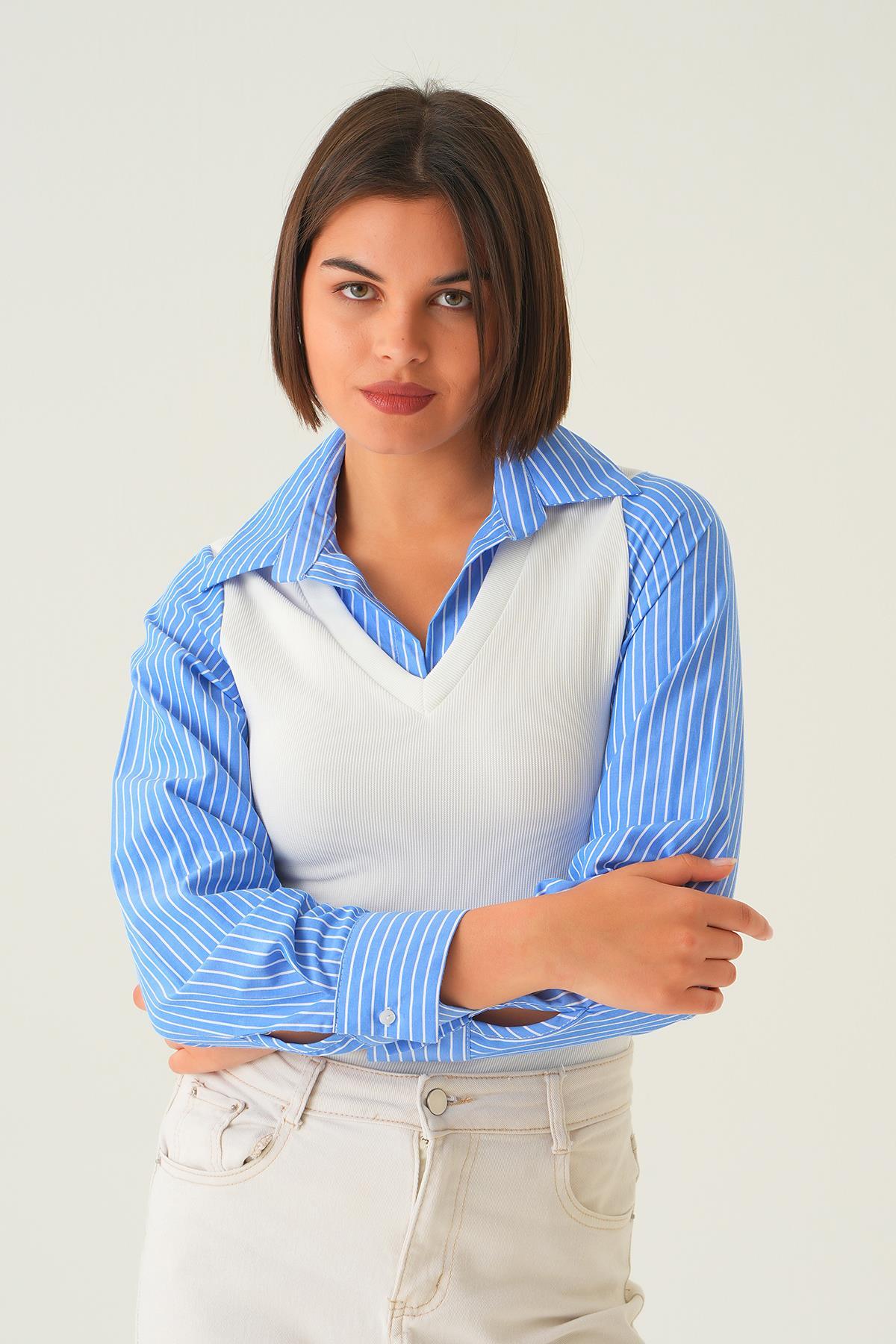 Mavi Çizgili Gömlek Detay Bluz 21522 - 1