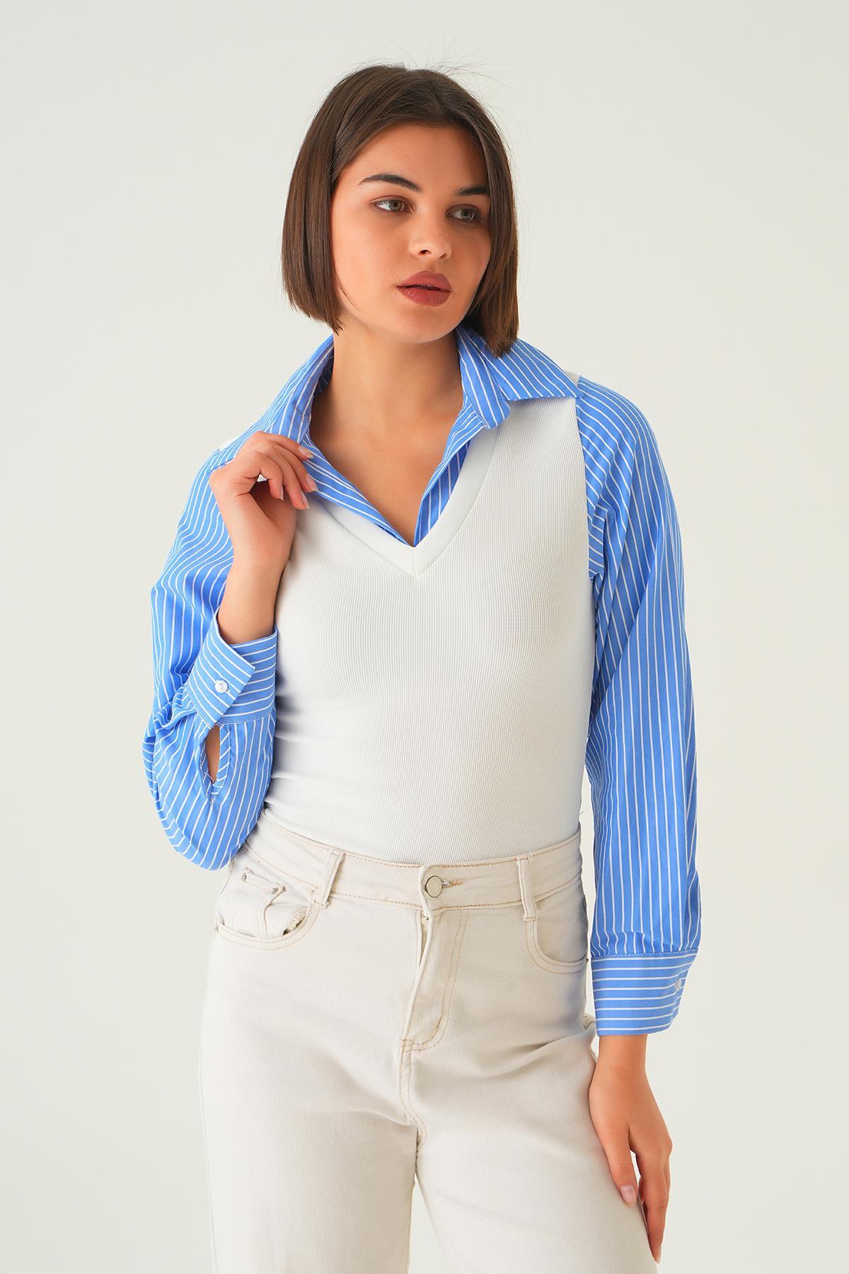 Mavi Çizgili Gömlek Detay Bluz 21522 - 2