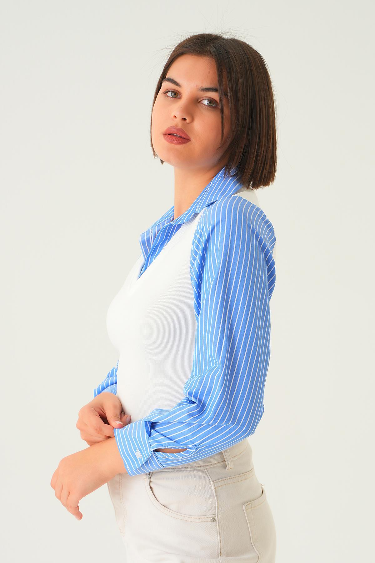 Mavi Çizgili Gömlek Detay Bluz 21522 - 4