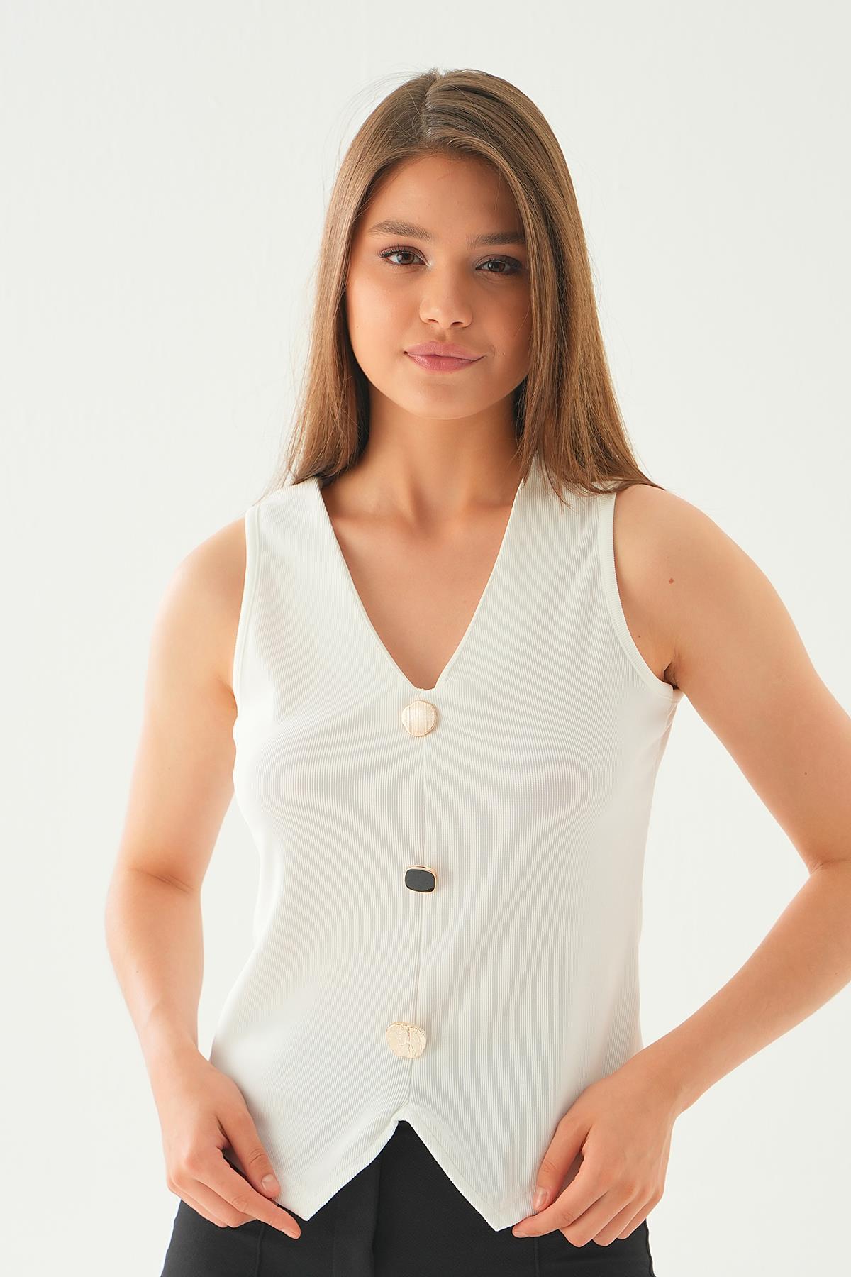 Beyaz Düğme Detay Kolsuz Bluz 21535 - 1