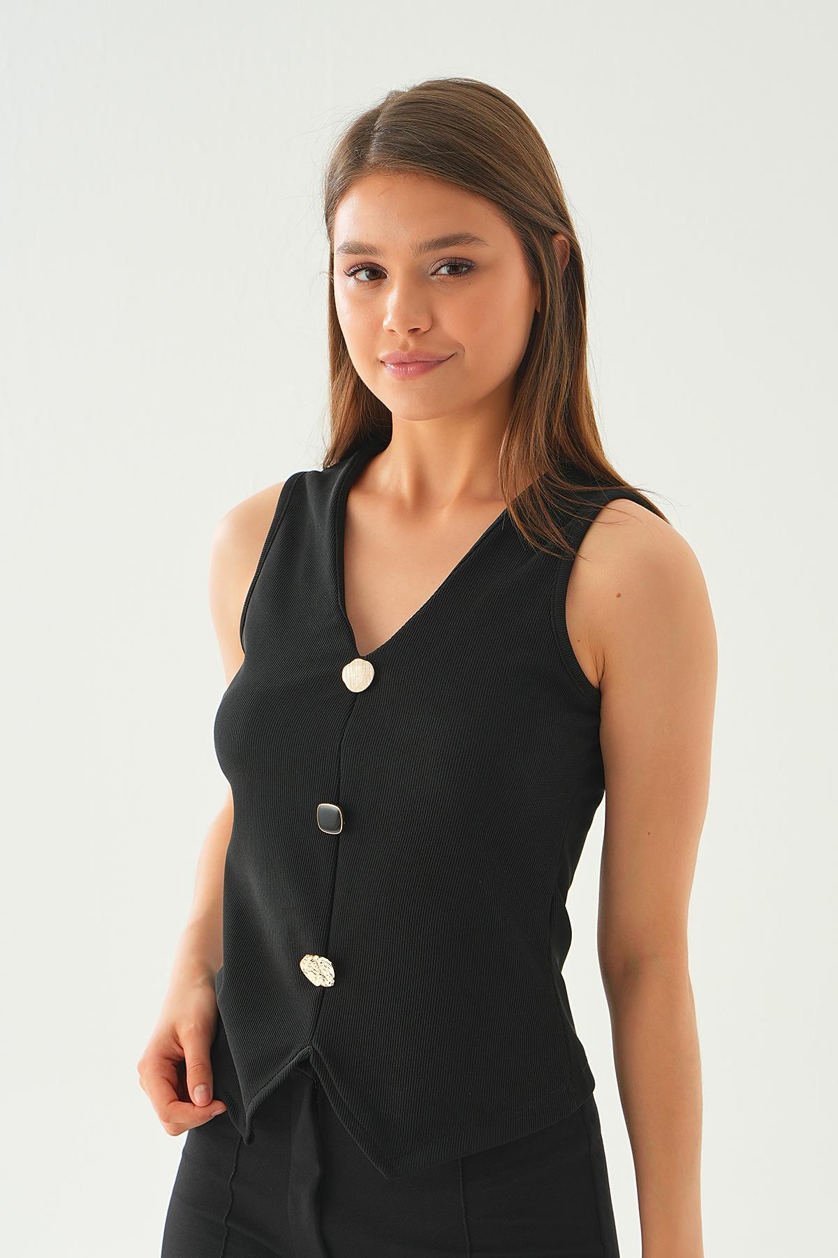 Siyah Düğme Detay Kolsuz Bluz 21535 - 2