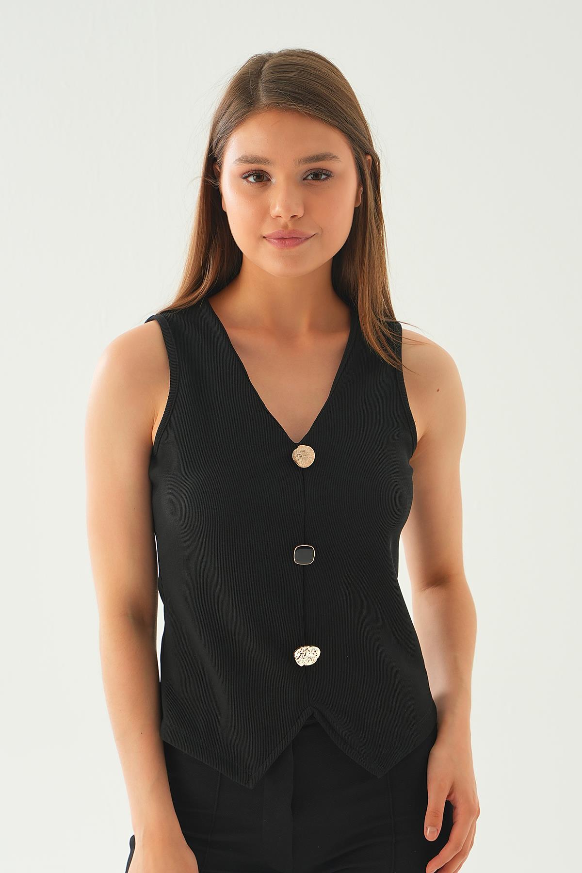 Siyah Düğme Detay Kolsuz Bluz 21535 - 3