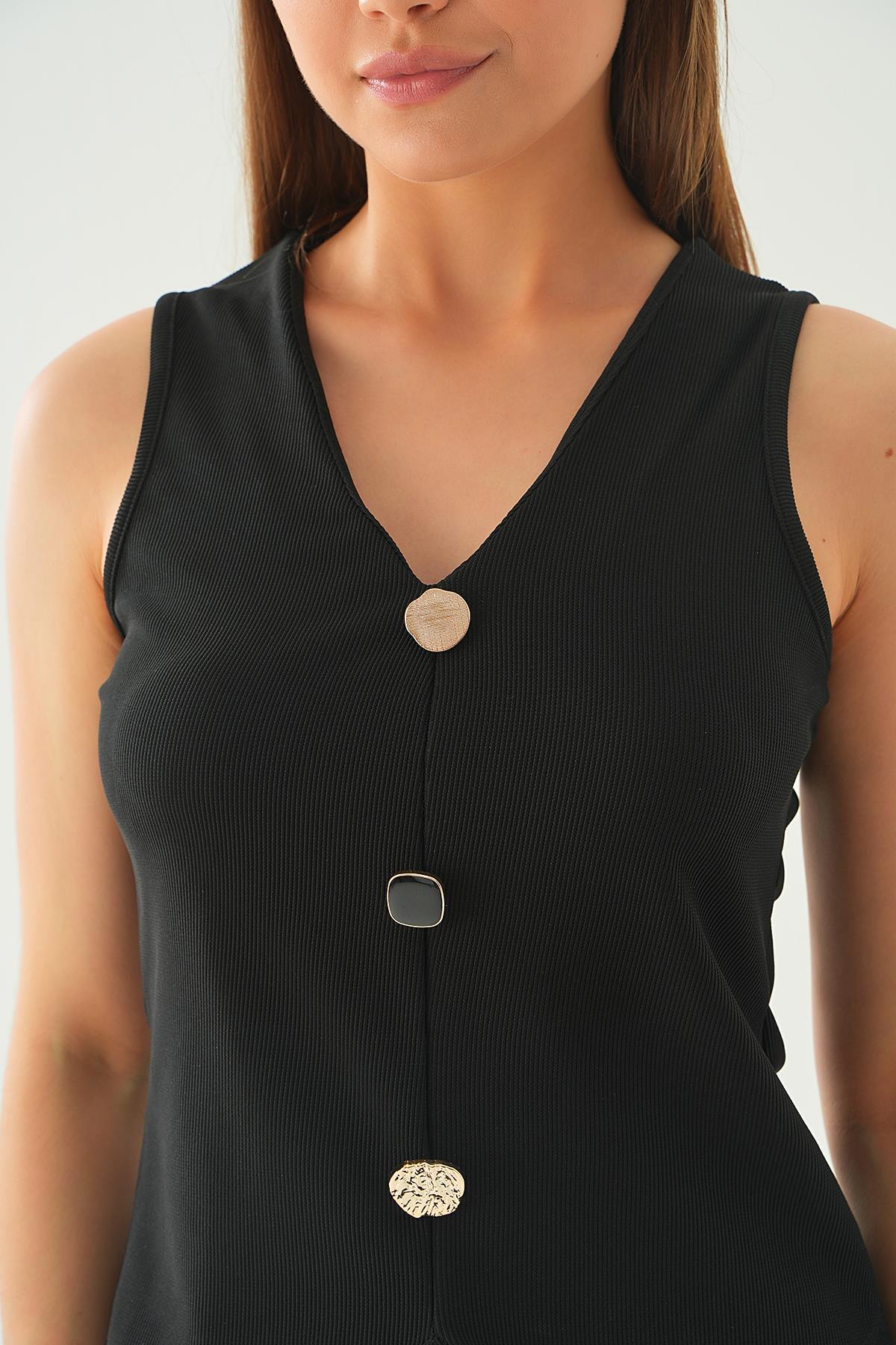 Siyah Düğme Detay Kolsuz Bluz 21535 - 5