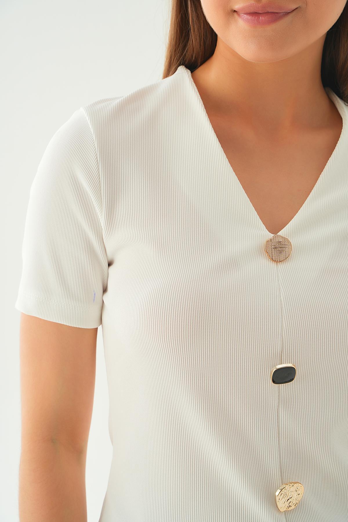 21540 Düğme Detay Tişört Beyaz - 5